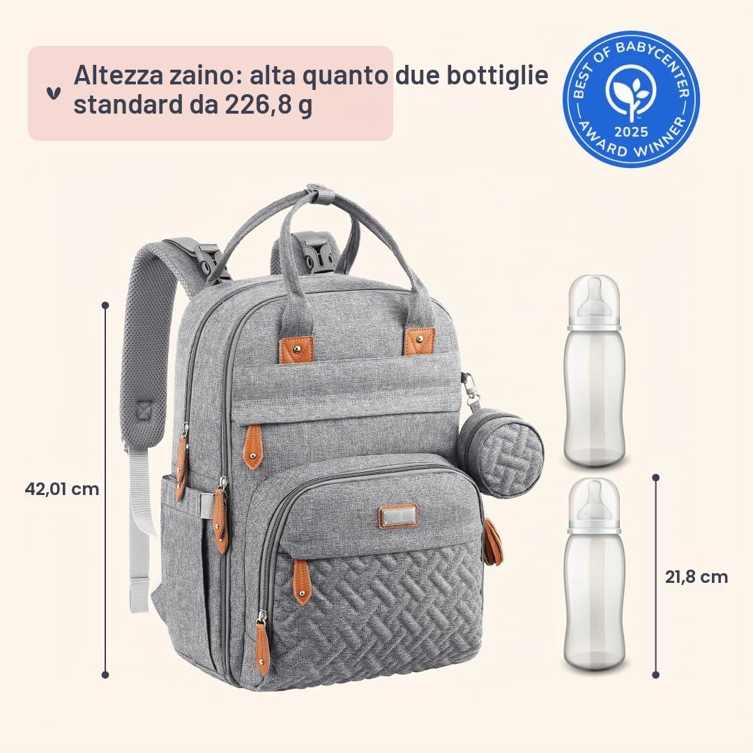 BabbleRoo Zaino per pannolini con fasciatoio, grande capacità, impermeabile, custodia ciuccio staccabile