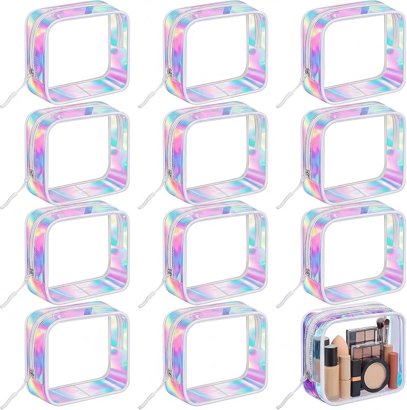 12 Pcs Iridescent Holographic Clear Cosmetic Makeup Bags with Zipper Tsa Approved Pouches Bulk for Travel Transparent PVC Waterproof Carry Pouches Organizer Case for Men Women