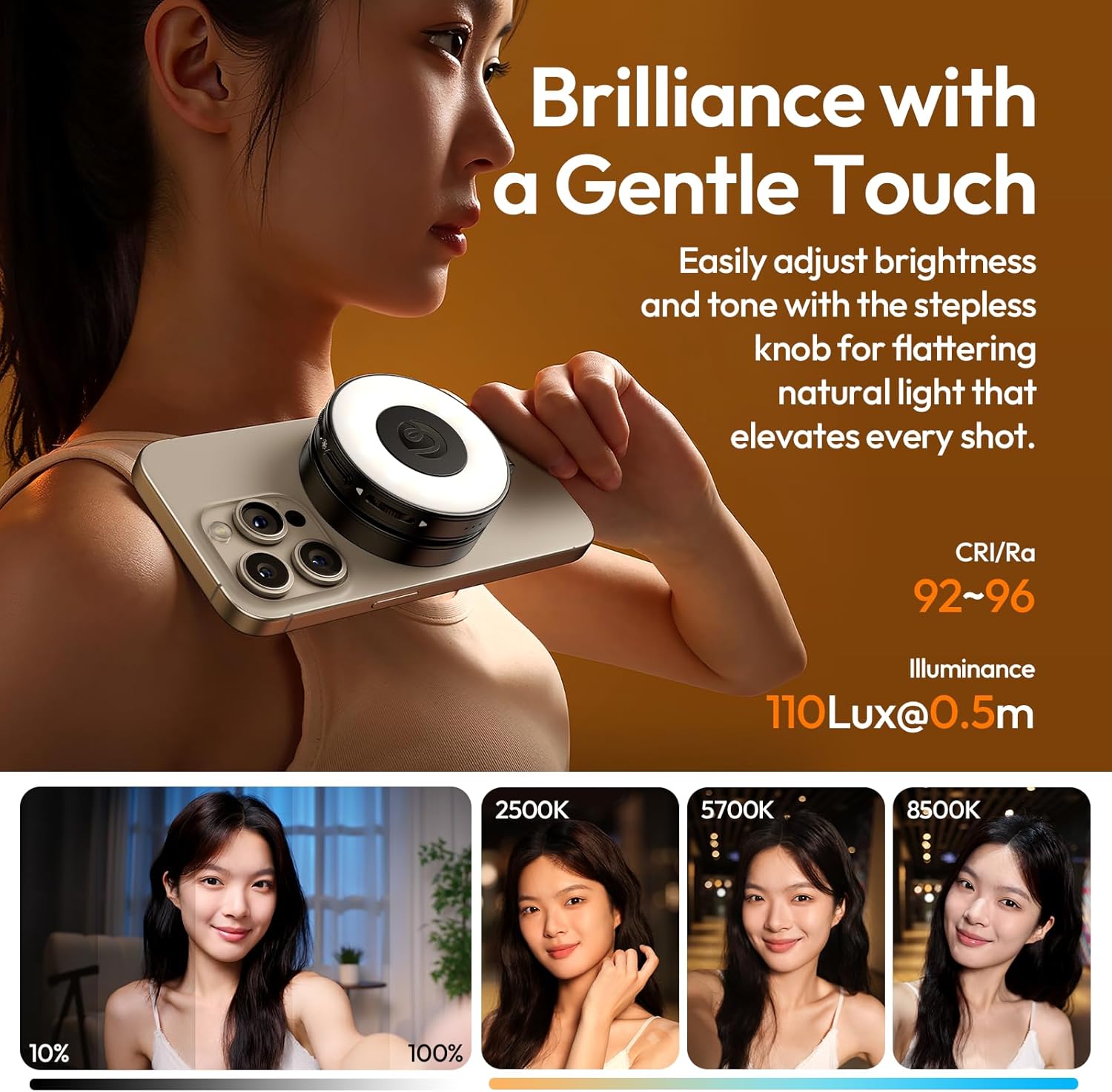 ULANZI LM23 Magnetic Selfie Light displaying various brightness and color temperature settings