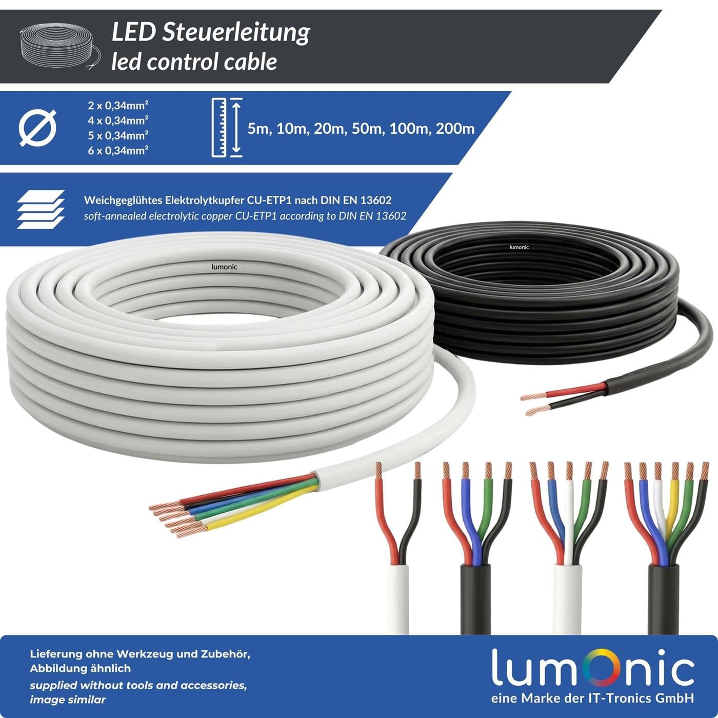Lumonic 4x0,34mm² RGB LED Linea di controllo nero 20m | cavo flessibile a 4 conduttori con guaina | LiYY Estensione, Cavo di alimentazione, Linea di alimentazione LED, Cavo di controllo