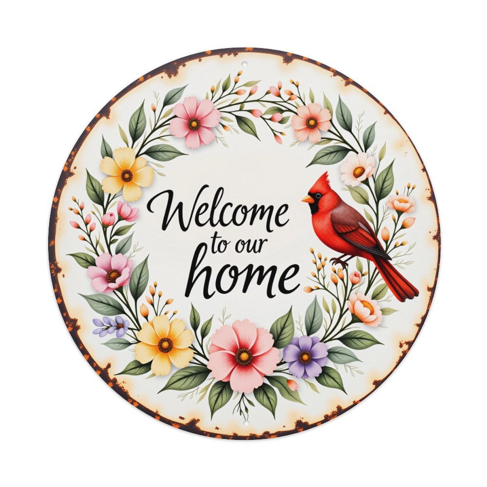 Floral Bird Welcome Home Sign Round Tin Sign Vintage Style Metal Sign Home Bar Garden Wall Plaque Decor Metal Poster 8x8 Inch