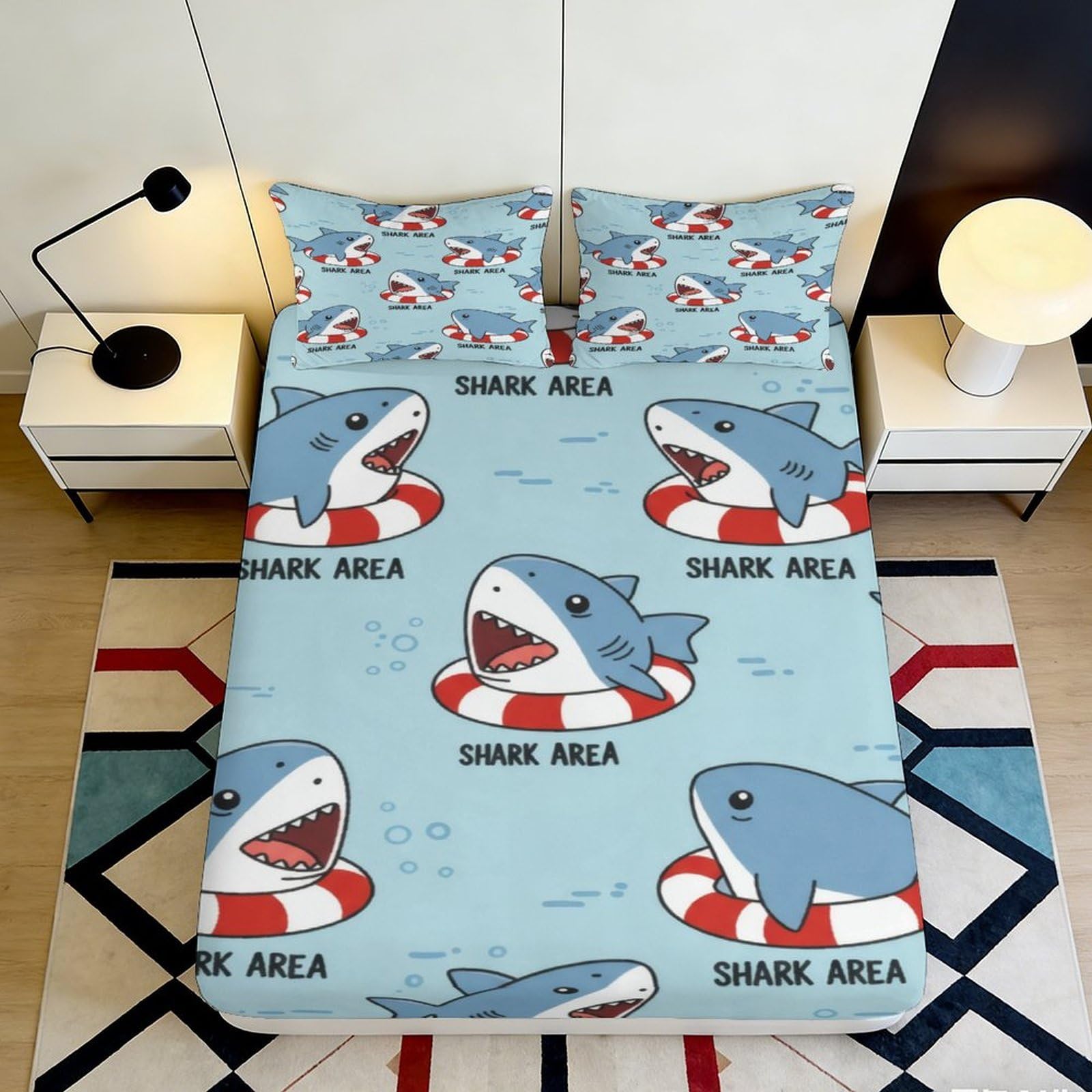 3D Printed Shark Cartoon Fitted Sheet Microfiber Soft Blue Animal Bed Cover for Bedroom Dorm Mattress Decor 90x200x25cm
