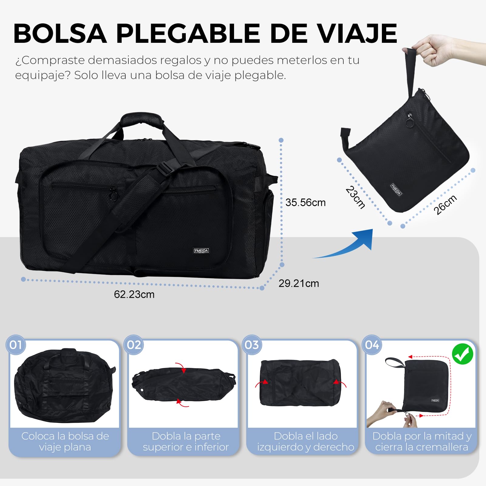 Fmeida Bolsa de Viaje Grande 65L con Compartimento para Zapatos, Plegable Bolsa Viaje Impermeable Ligera Bolsas de Viaje para Hombre y Mujer - Negro