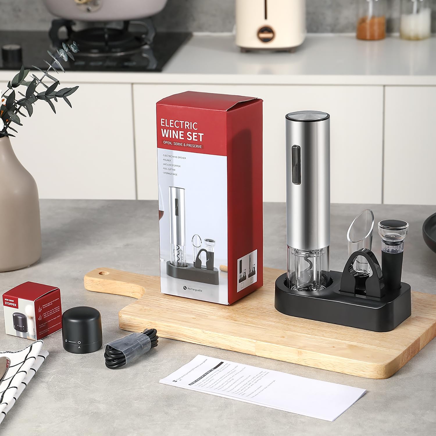 ZOYIDOUX Abridor de vino eléctrico recargable 7 en 1 de acero inoxidable Juego de regalo,Sacacorchos eléctrico con base,Cortador,Tapón de vacío de silicona,Tapón para vino,Vertedor,Línea USB