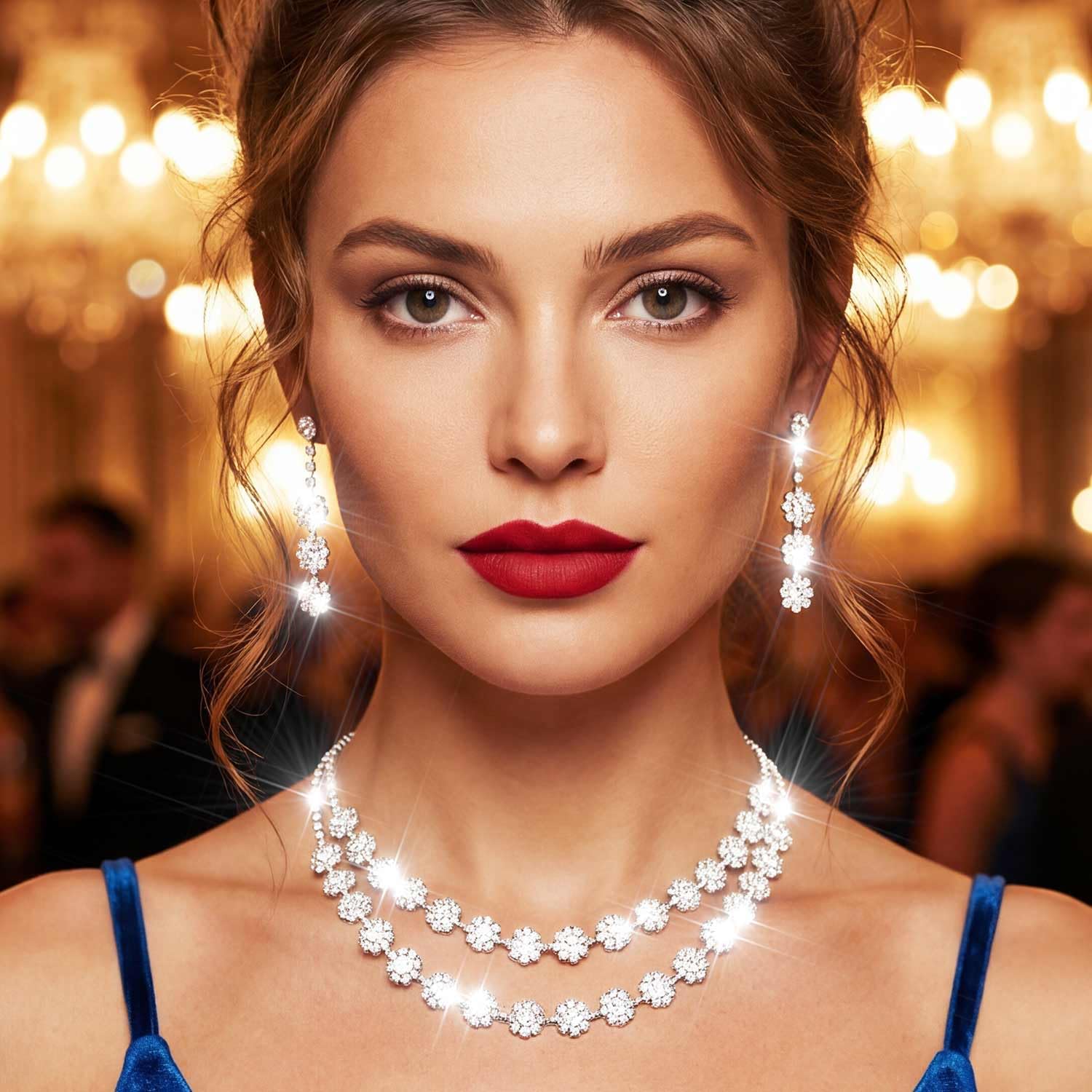 Nicute Rhinestone Jewelry Set Sparkly Necklace Earrings Set Fashion Wedding Prom Party Jewelry for Women (Silver) - Image 4