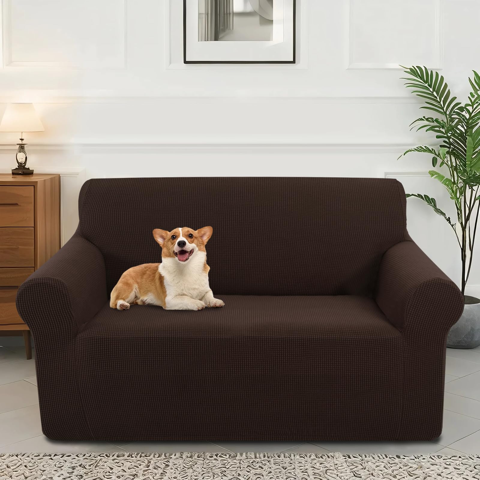 Luxshare Home Stretch Sofaüberzug waschbar Rutschfester Möbelschutz mit elastischem Bund & Schaumstoff Kratzfester Sofabezug für Kinder,Hunde und Haustiere(Loveseat/Chocolate)