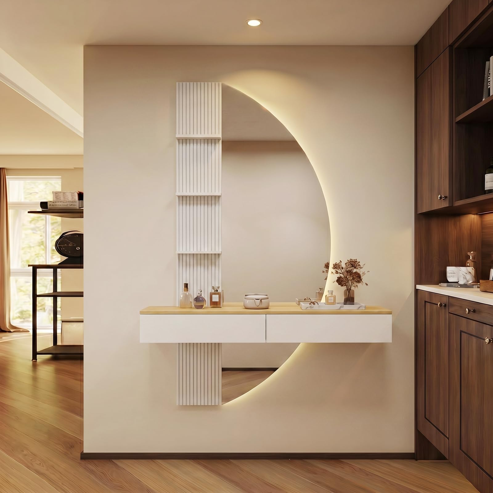 JUMMICO Coiffeuse Murale Flottante avec Miroir HD à éclairage LED, variateur Tactile et 3 températures de Couleur, équipée de tiroirs de Rangement (Blanc)