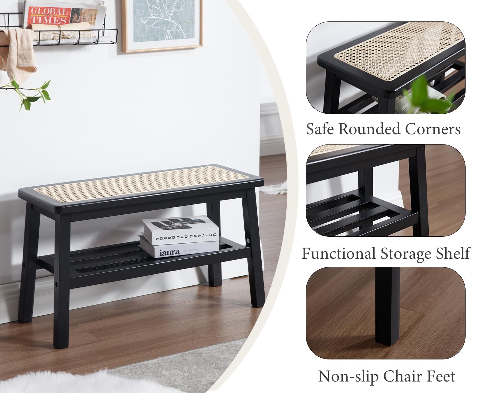 Ya-Home Banco de Cocina de Rattan, Banco Zapatero, Banco Madera Recibidor para Salon/Oficina,Negro