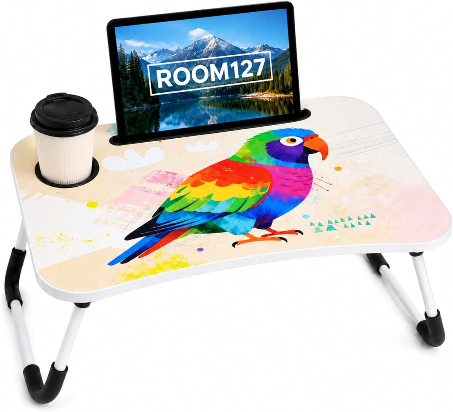 ROOM127 23.6" Foldable Lap Desk with Cup Holder, Tablet Slot, Parrot Print