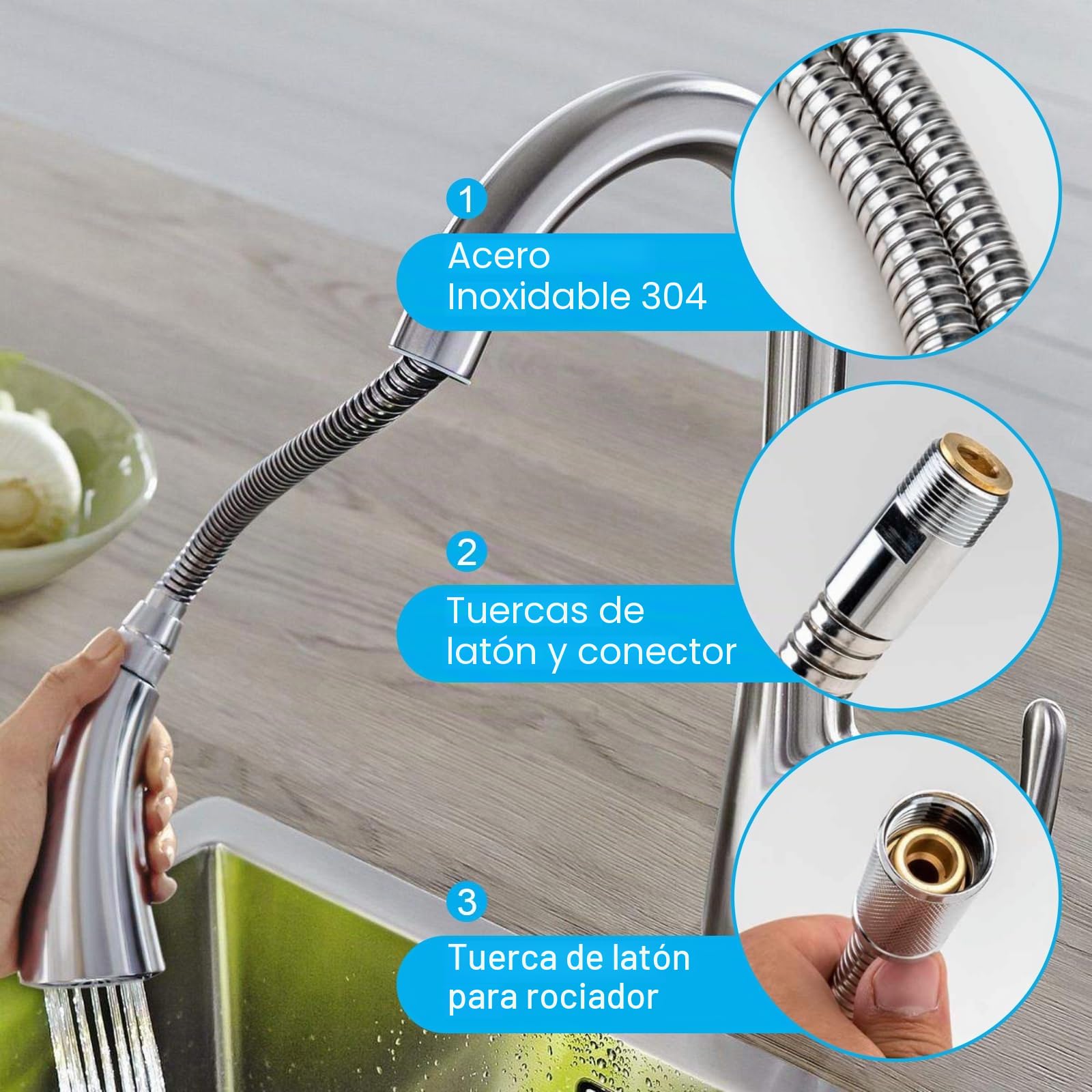 Kit de repuesto de manguera de grifo de cocina de 3 piezas compatible con grifos extraíbles Grohe 48293000, manguera rociadora flexible extraíble