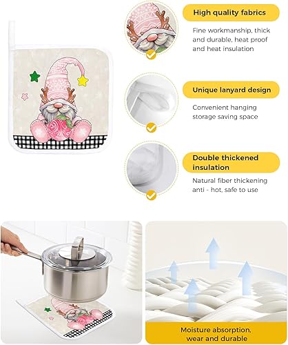 Miniatura 2 de 3 Packs Christmas Pink Gnomes Pot Holders Sets for Kitchen,Oven Pan Plate Bowl Pads Heat Proof Mat with Hanging Loop,Terry Cloth Potholders Soft