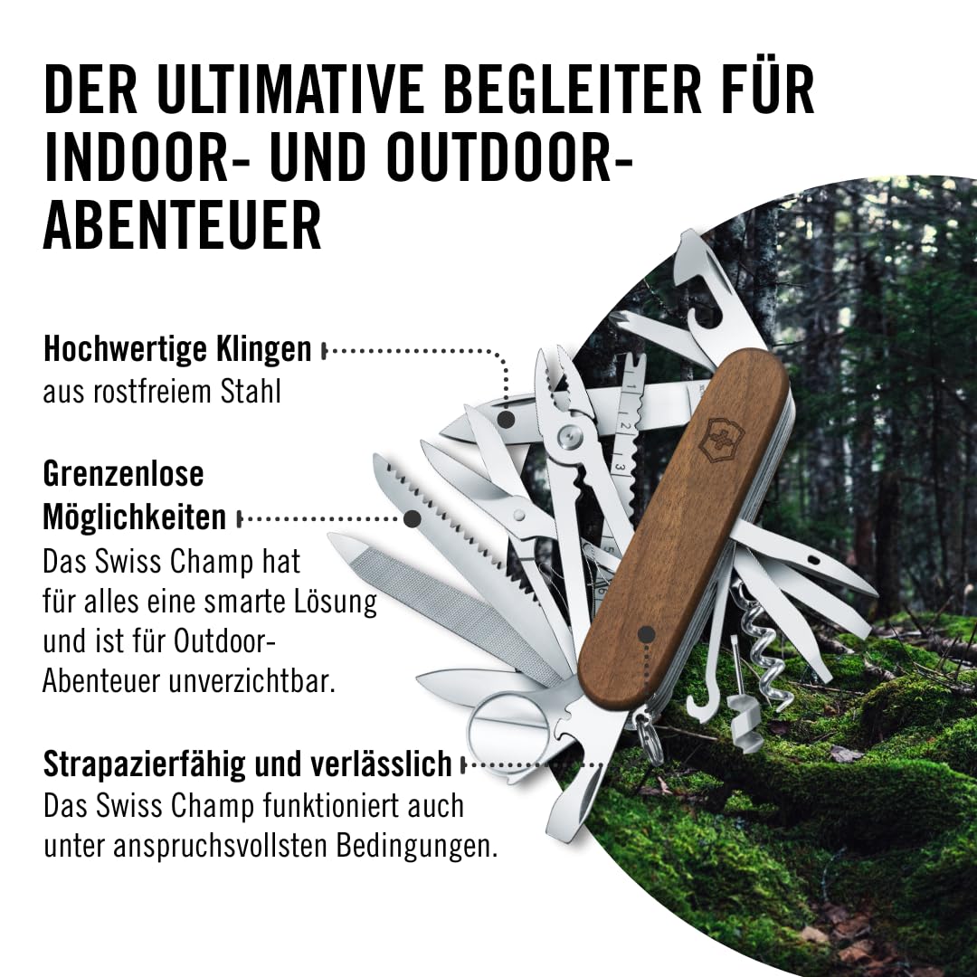Victorinox Holz Taschenmesser Swiss Champ Wood (29 Funktionen, Nussbaumholz, Holzsäge, Schere)
