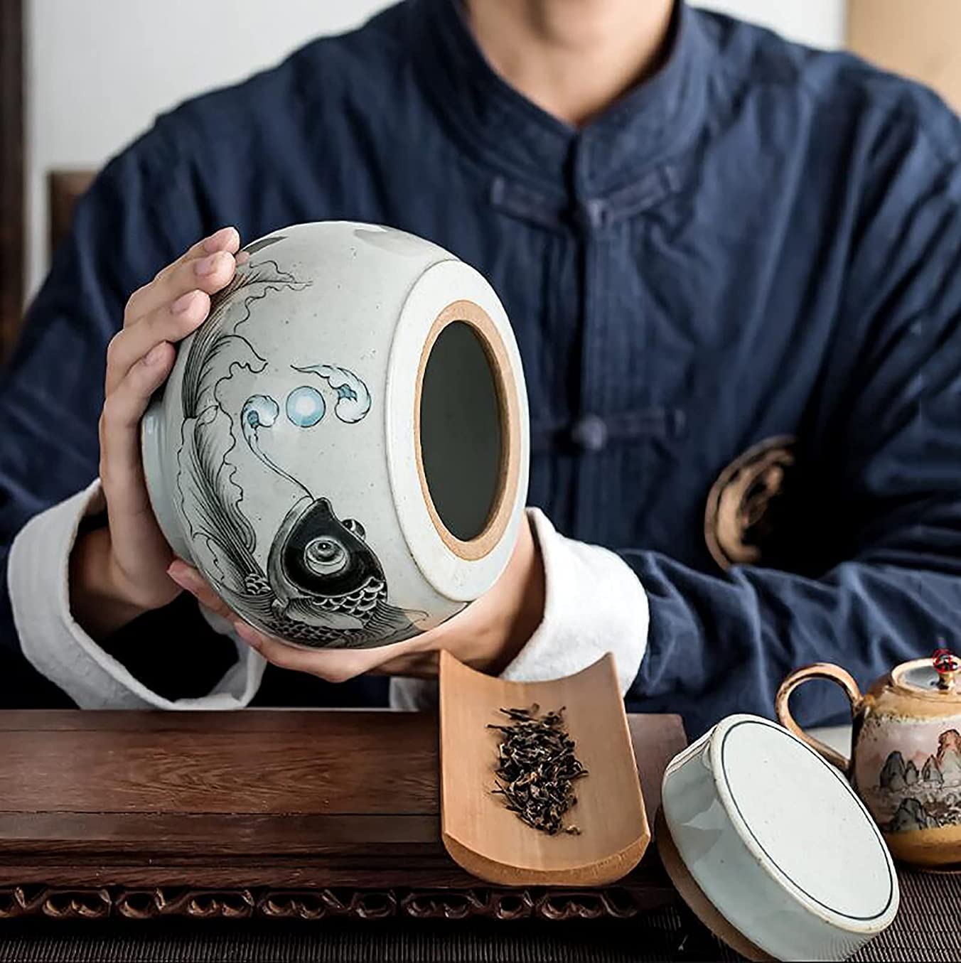 Ceramiczny słoik do przechowywania w stylu retro, z niewentylowaną ceramiczną pokrywką, używany do usług domowych, używany do płatków owsianych, cukru, kawy pełnoziarnistej, itp.