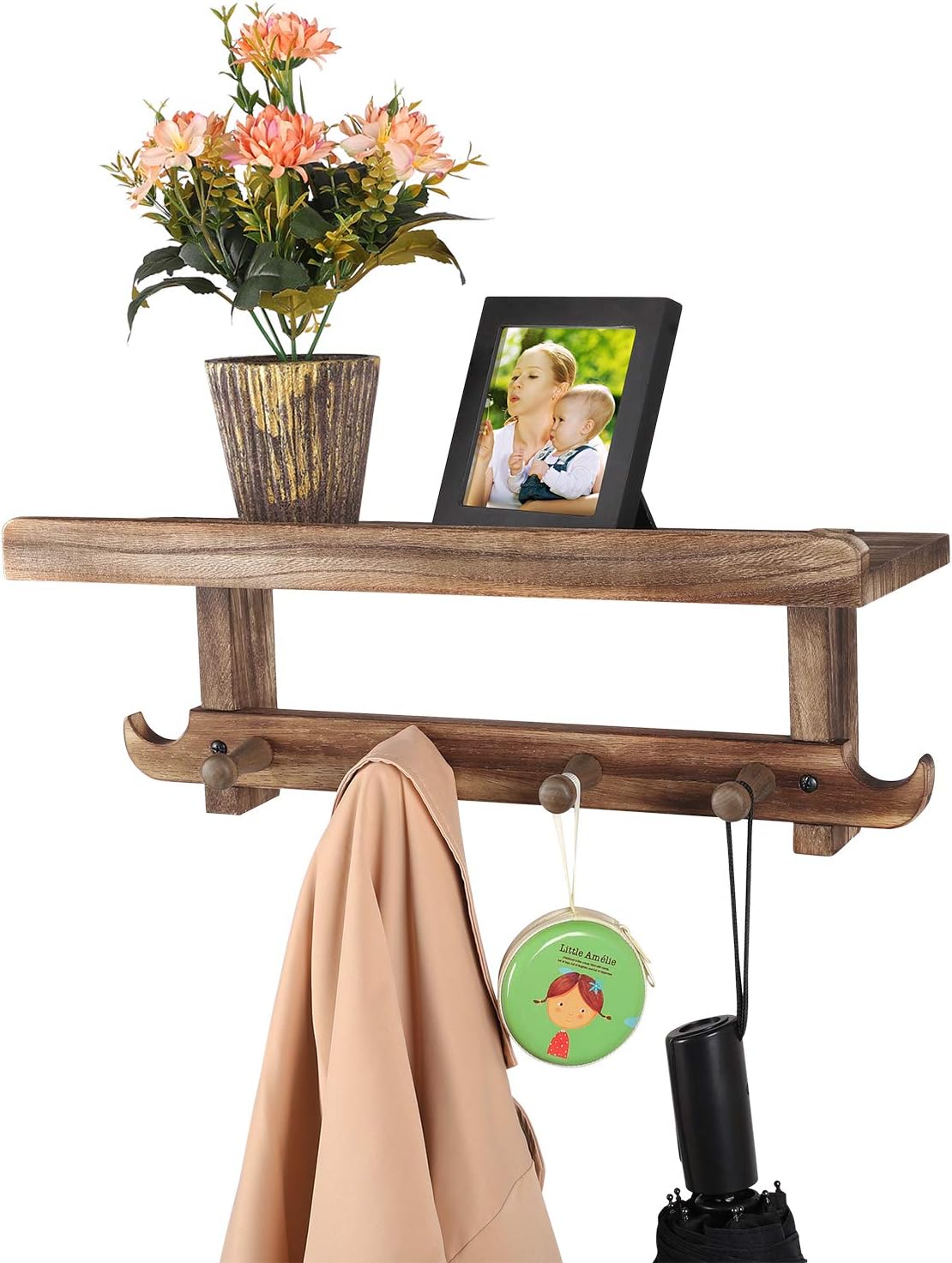 Meangood Rustic Coat Rack Hook Wall Shelf，Entryway Shelf with 6 Hooks，Perfect for Your Entryway, Mudroom, Kitchen, Bathroom and More (Carbonized Black)