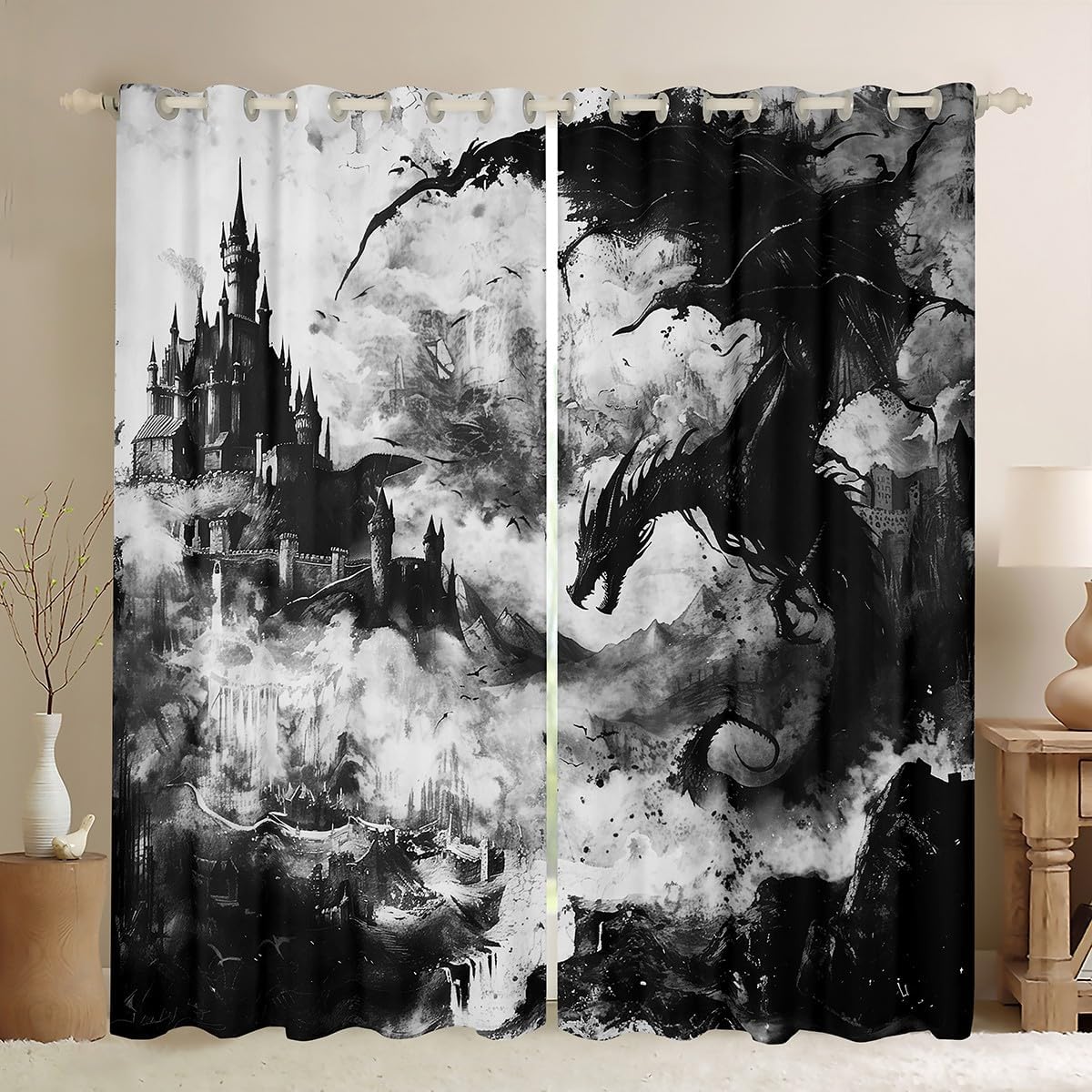 Gothic Dragon 2 Panels 42"Wx90"L Curtains & Drapes,Black and White Vintage Dragon Blackout Curtains Fantasy Castle Curtains,Dark Sky Mythical Animal Curtains Antique Prehistoric Wildlife Room Decor