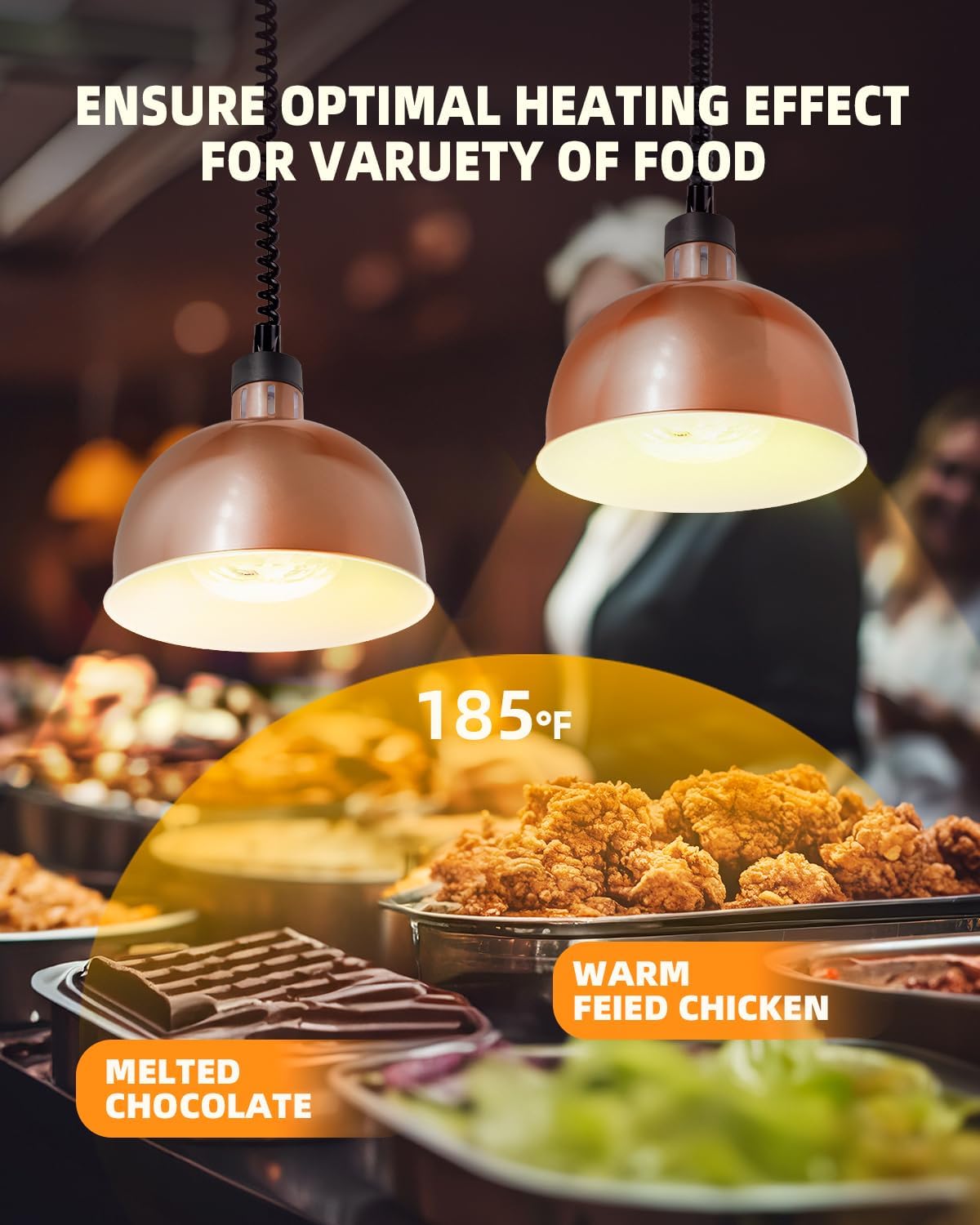 Hanging Food Heat Lamp: [250W Heating Bulb Included] Commercial Food Warmer Lamp, Heating Lamp for Food Service Restaurant Buffet, Height Adjustable, Dia-11.4IN (Copper)