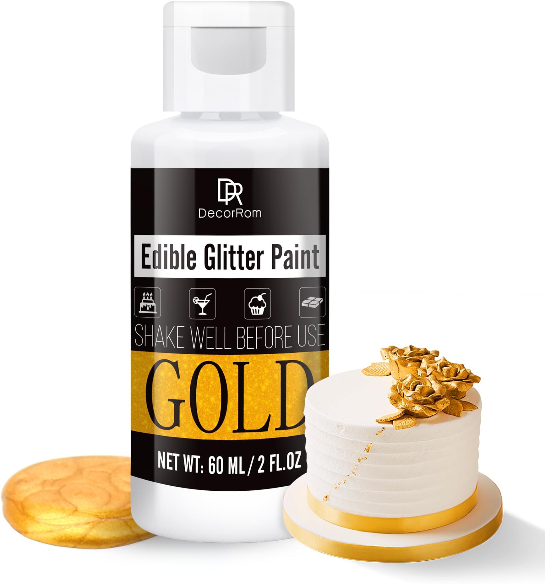 Edible Glitter Paint - 2 fl.oz Metallic Edible Cake Paint for Cake Decorating, Baking, Cupcakes, Candy - Food Grade Shimmer Art Decorative Paint Liquid Luster Dust for DIY Cookie, Fondant (Gold)