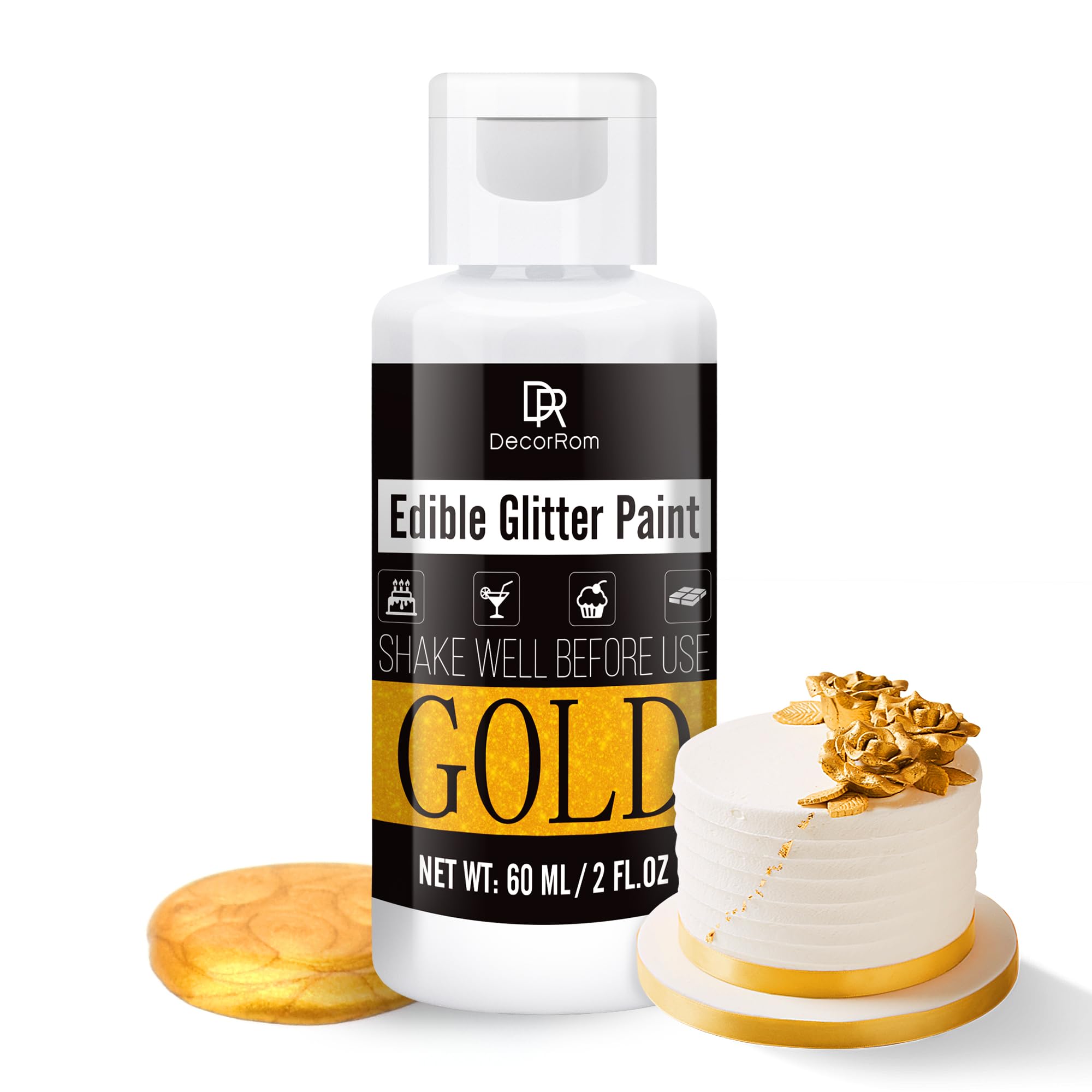Edible Glitter Paint - 2 fl.oz Metallic Edible Cake Paint for Cake Decorating, Baking, Cupcakes, Candy - Food Grade Shimmer Art Decorative Paint Liquid Luster Dust for DIY Cookie, Fondant (Gold)