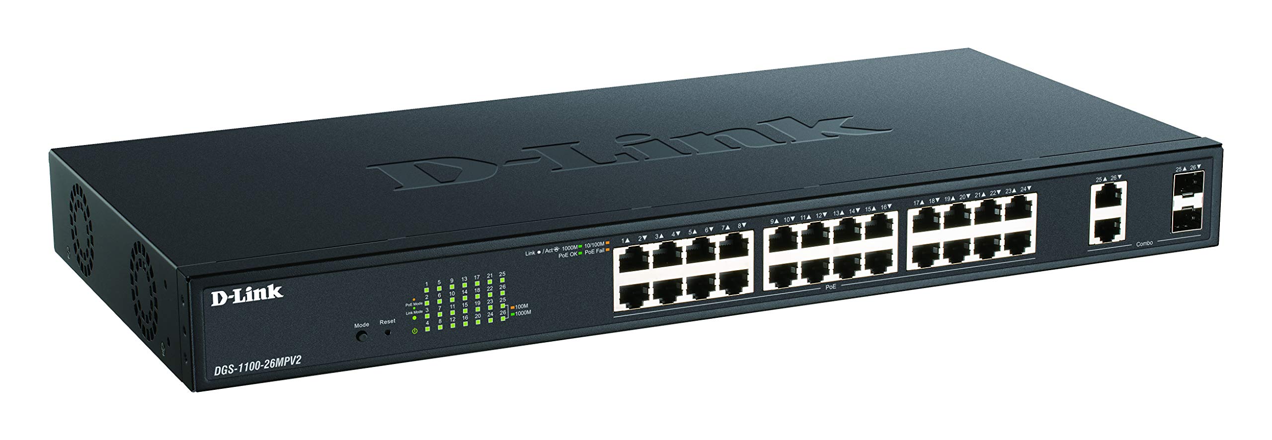 D-Link DGS-1100-26MPV2, Switch Smart 26 Puertos Gigabit, Combo, PoE, Power Over Ethernet, Gestión Web, Layer 2, VLAN, sin Ventilador, IGMP Snooping, VoIP VLAN, QoS, Seguridad Red, Montaje Rack