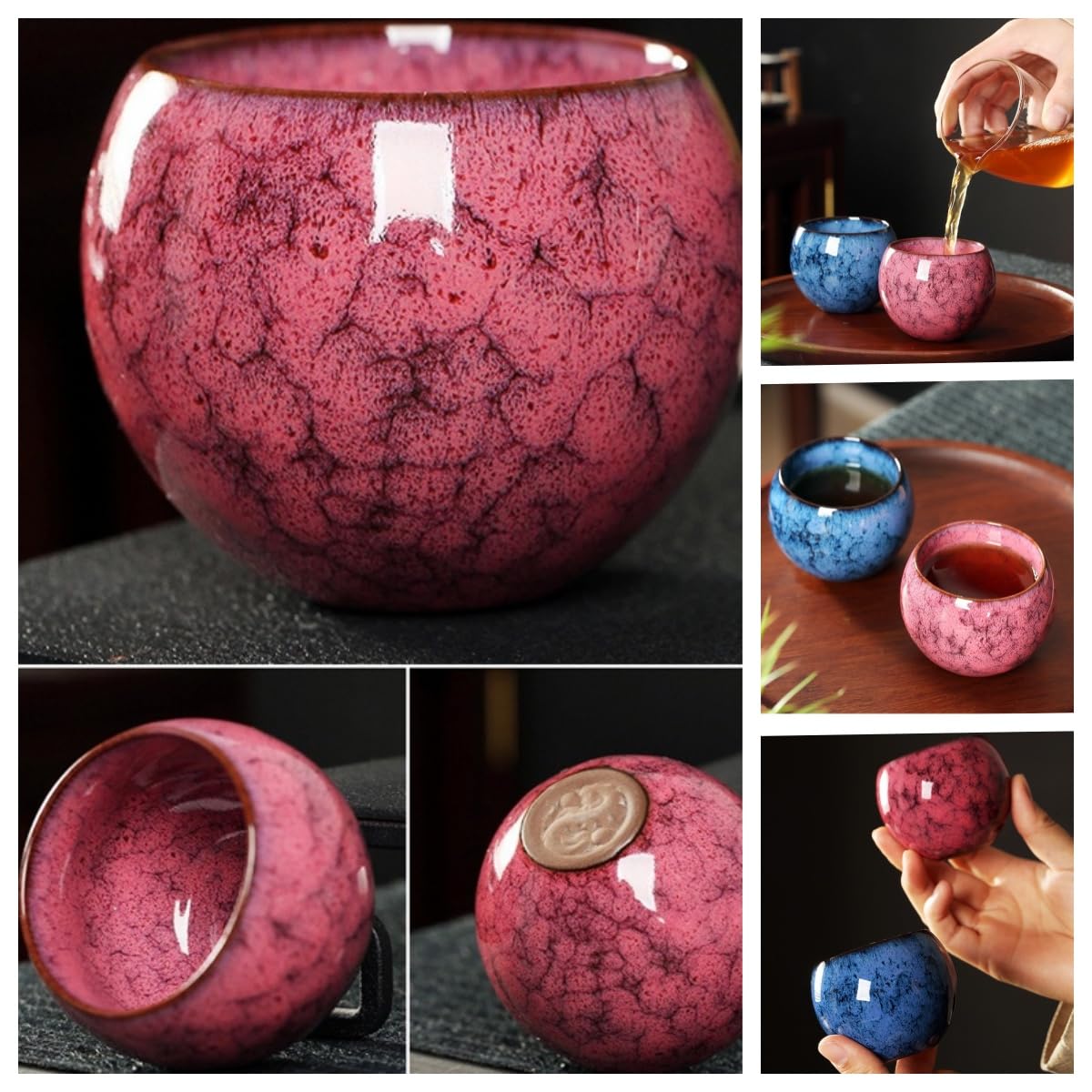 Lot de 4 tasses à thé traditionnelles chinoises japonaises en céramique pour la maison, l'extérieur et le bureau (rose rouge)