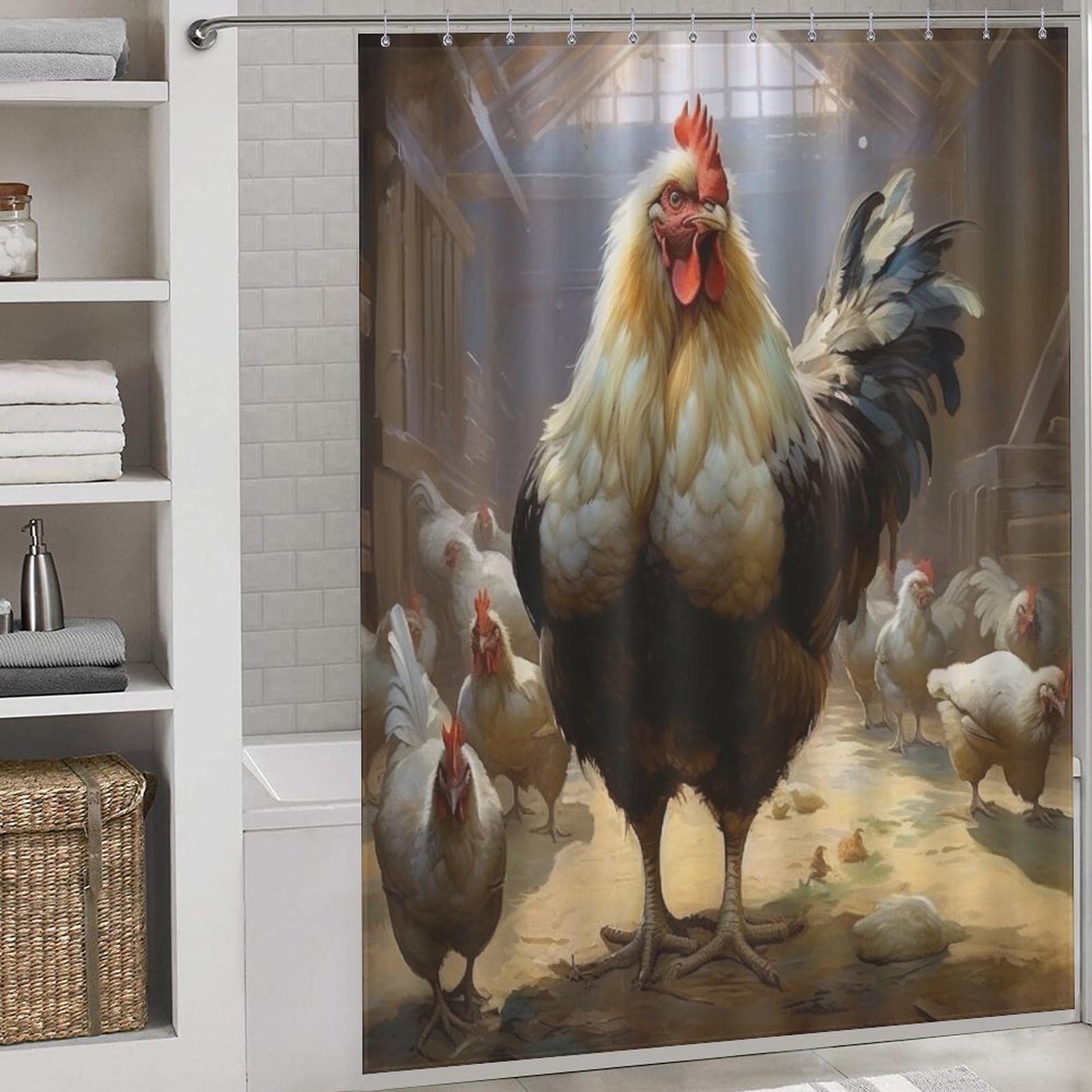 Rideau de douche poulet imperméable 168x183cm avec 12 anneaux