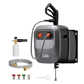 长颈鹿工具G20 Pro高压清洗机，2500 PSI，壁挂式设计，附65英尺软管卷筒及配件，适用于地面/汽车/围栏/露台，深银色