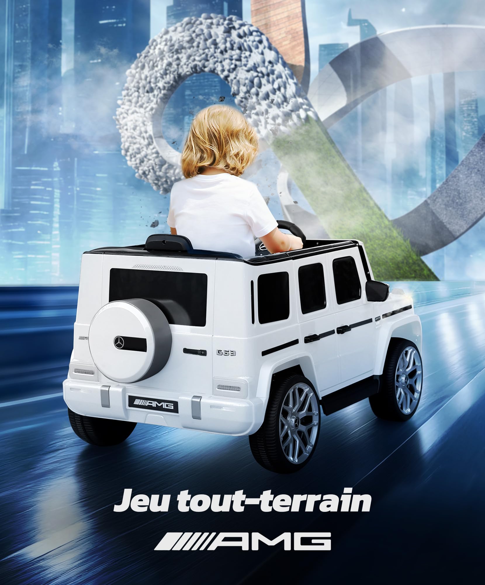 ELEMARA Voiture Électrique Enfant Mercedes Benz AMG G63,Voiture pour Enfant avec télécommande parentale,Camion électrique à Conduite,Suspension Ressort,Lumière Clignotante/LED,Bluetooth,Musique,Blanc