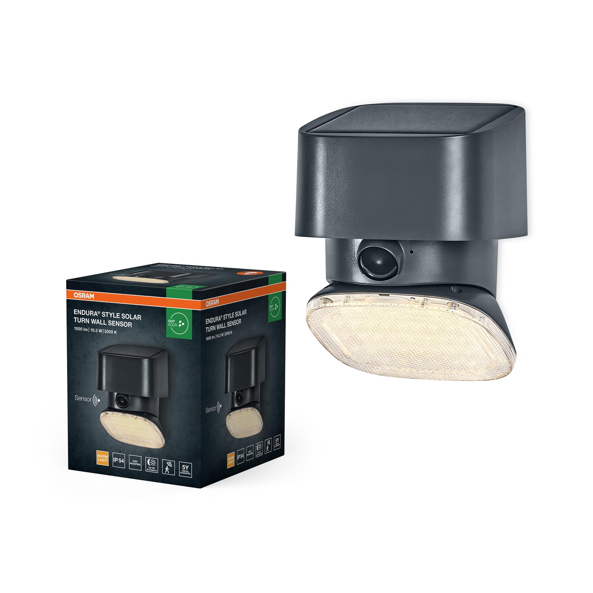 OSRAM Endura Style Solar LED Kinkiet Turn, 10,3 W, 3000 K ciepła biel, 890 lm, czujnik PIR, IP54, 140 dni