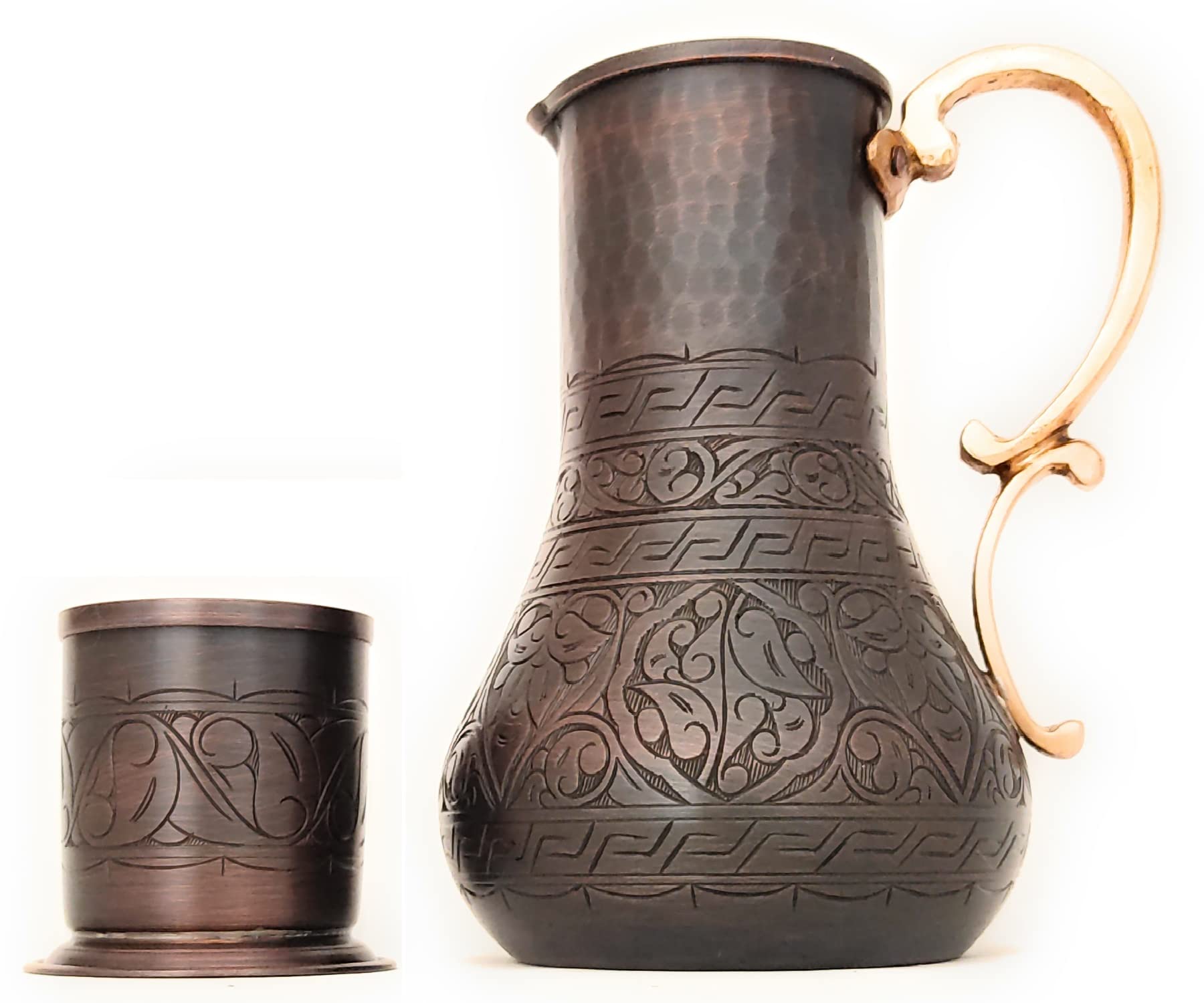 DEDE Copper - KBS Series-NEW 2022- 45oz Pitcher & 7.7oz Cup, Handmade Engraved and Hammered Pure Solid Copper, Moscow Mule Cocktail Jug, Desktop/Bedside Night Water Carafe&Tumbler, Ayurvedic (Antique)