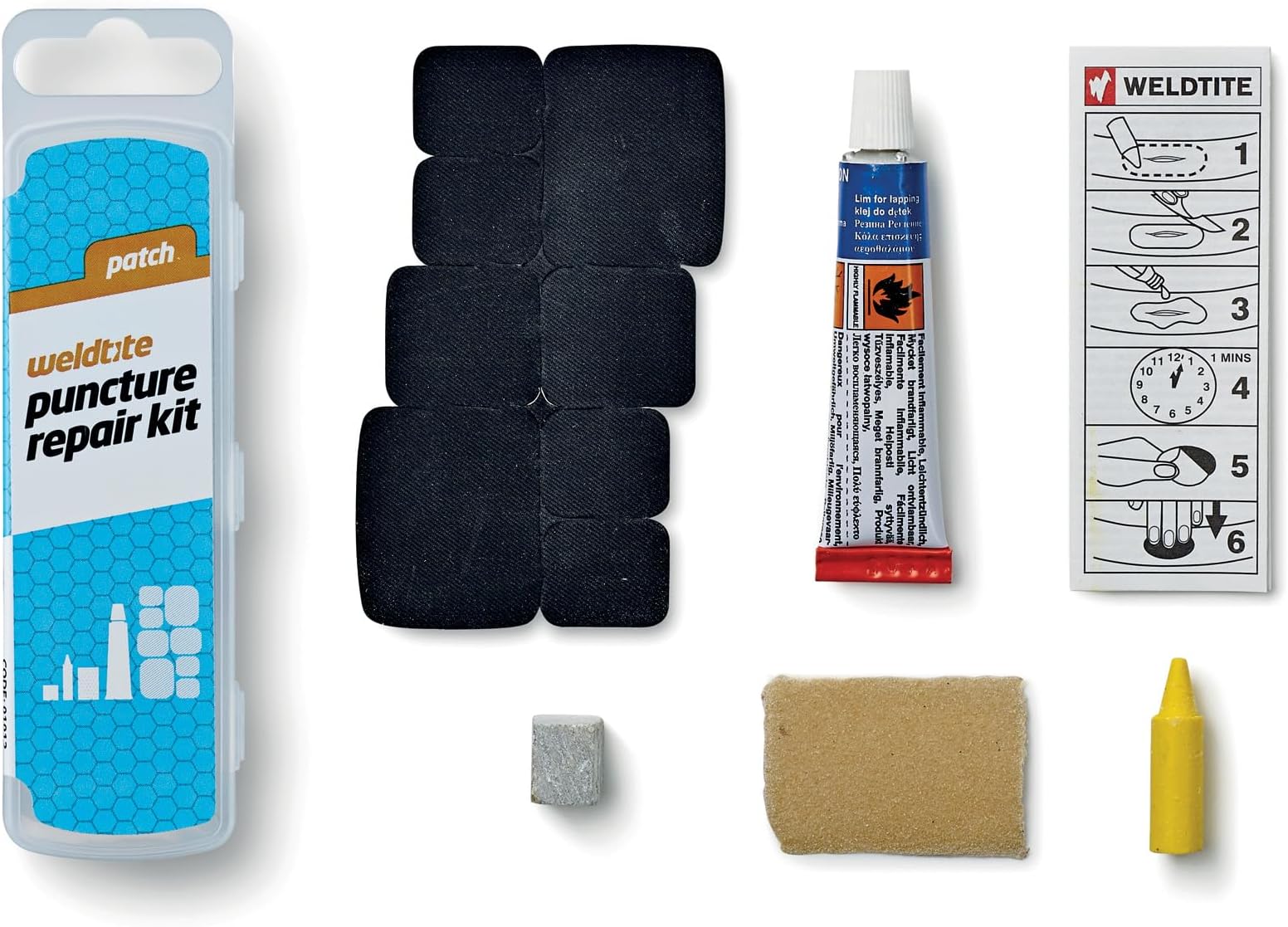 WELDTITE Puncture Repair Kit for Bike Tyre Inner Tubes - Comprehensive & Easy to Use - Includes 8 Rubber Patches, 5 g Solution, Sandpaper, Chalk & Crayon