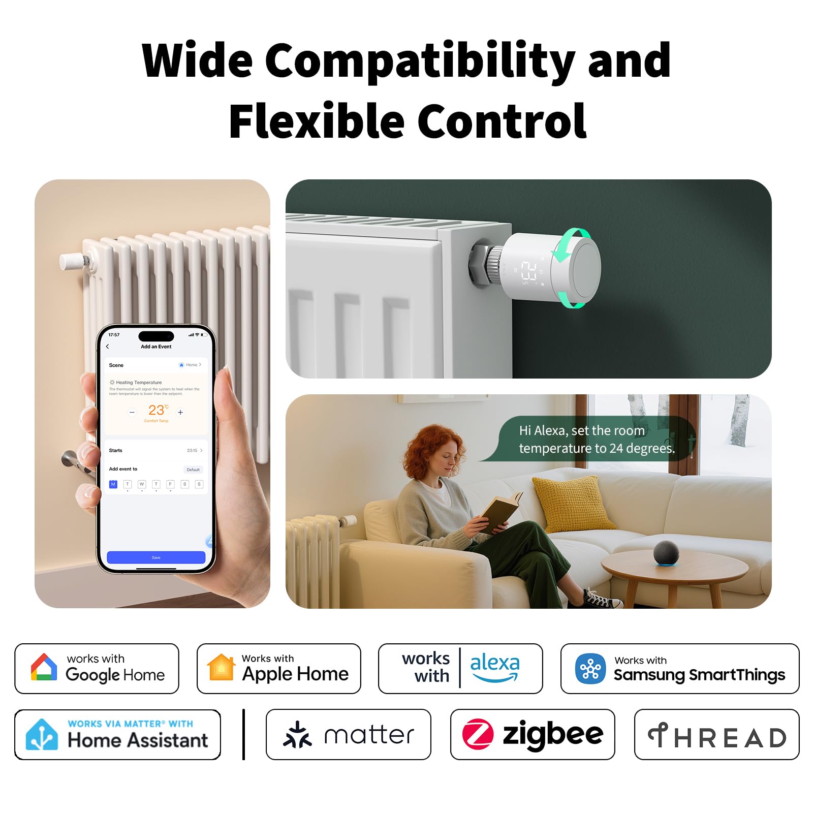 Aqara W600 Inteligentny Termostat Grzejnikowy, Zigbee/Thread, z Oszczędz. Energii, Harmonogramem, Geofencingiem i Długą Żywotnością Baterii. Zgodny z Apple Home, Home Assistant, Alexa, Google Home