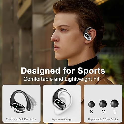 Miniatura 4 de Auriculares inalámbricos, auriculares deportivos Bluetooth 5.3 con ganchos para los oídos, auriculares inalámbricos intrauditivos con graves