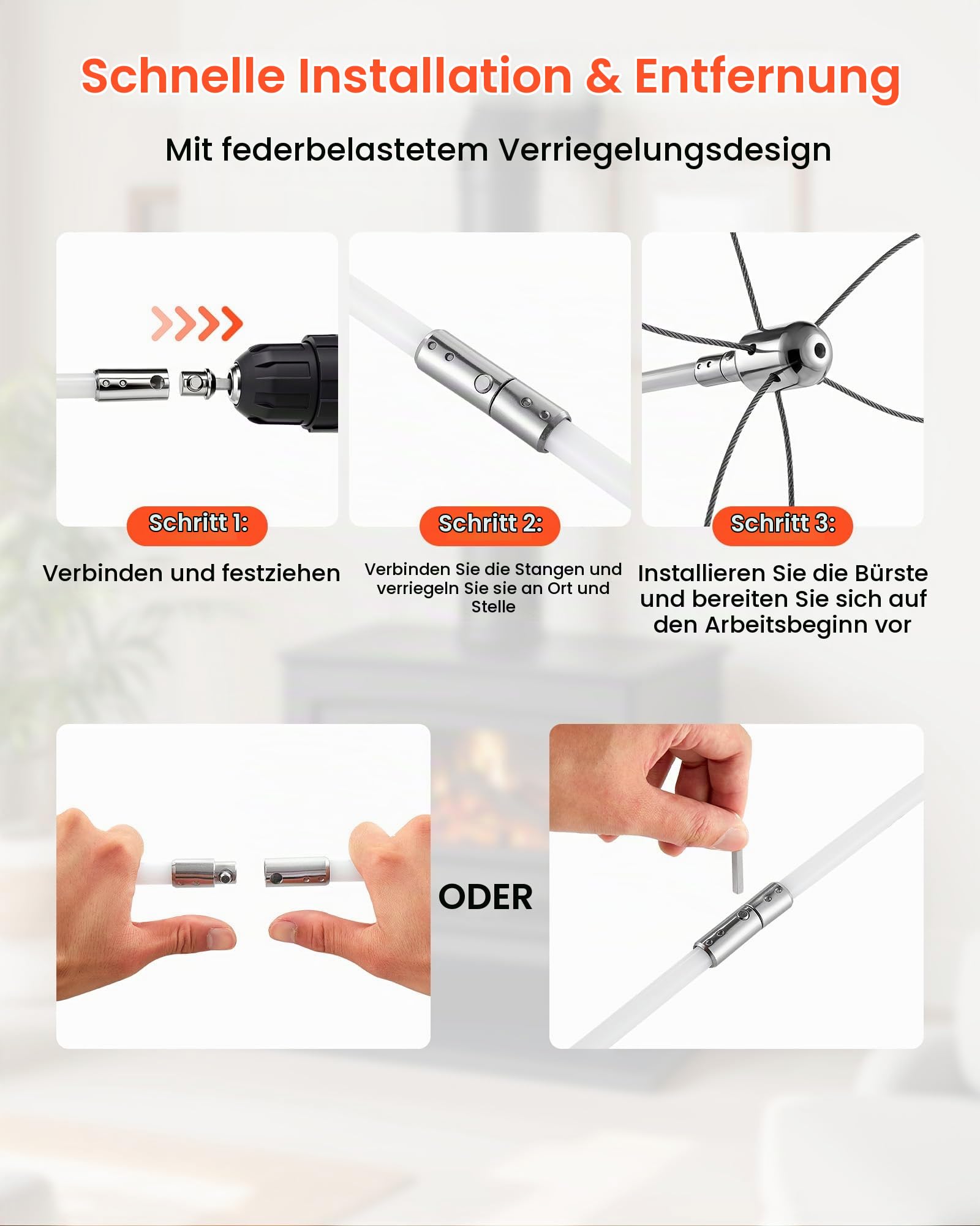 VEVOR Schornsteinbürste-Set, Kaminbürste mit max. 9 m Länge, Ofenrohrbürste mit Zwei Bürstenköpfen, Schornsteinfeger, Kaminreinigungswerkzeug für quadratische & rechteckige Schornsteine