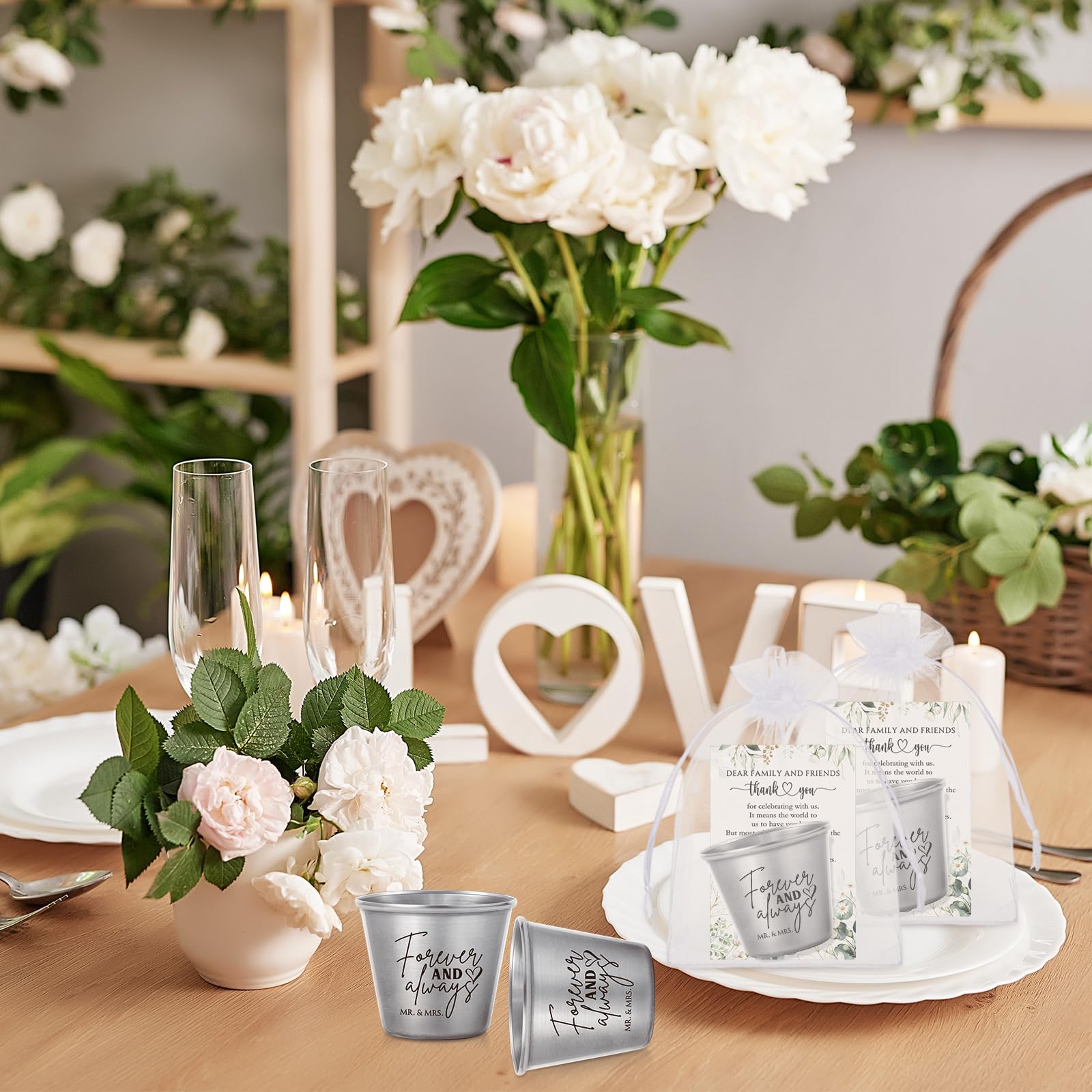 Nuogo Set di 25 bicchierini da shot Forever and Always in acciaio inox, con sacchetti in organza, per ospiti, matrimoni, sposi, addio al nubilato
