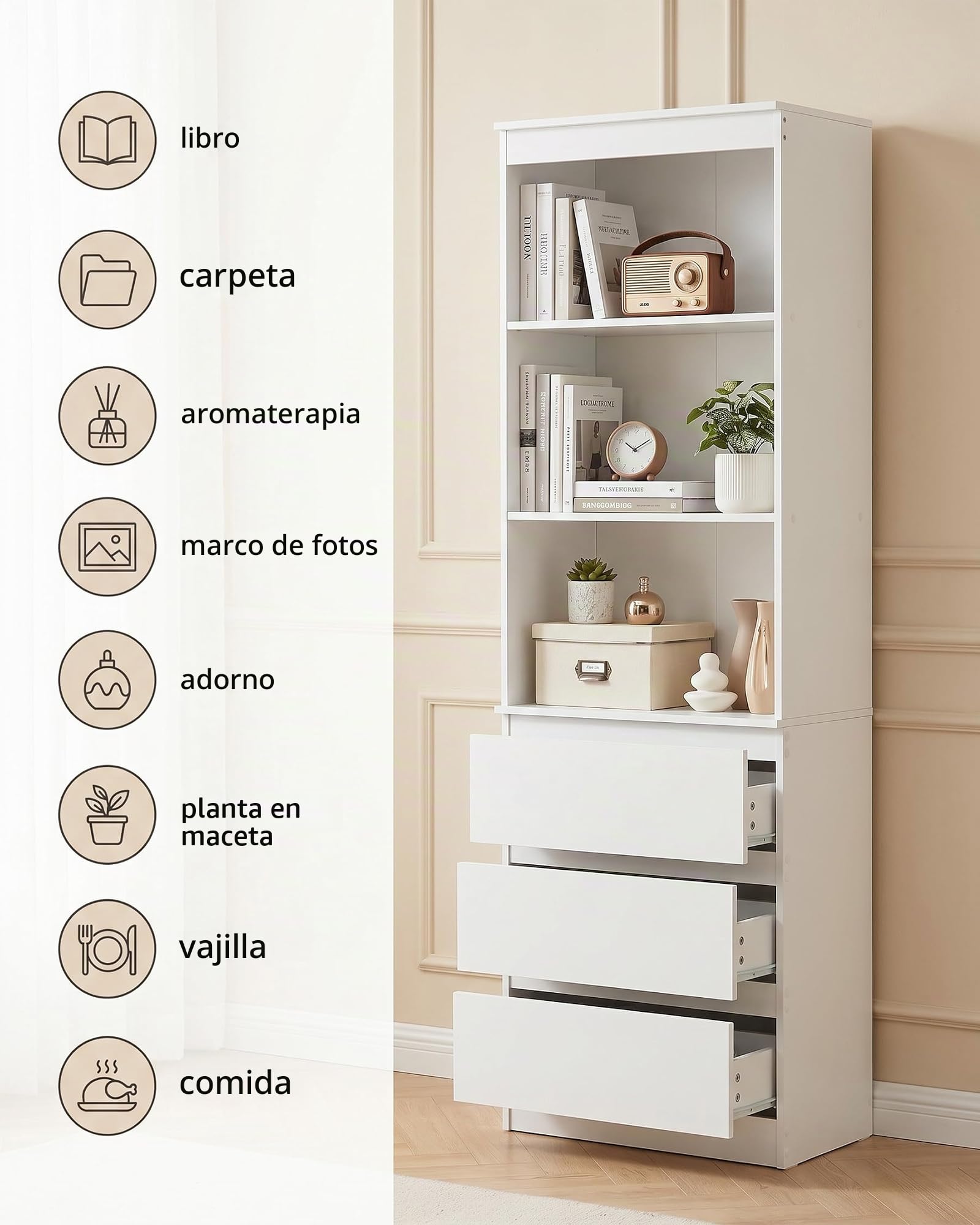 Estantería Libros Blanca con Cajones 60x32x180cm Libreria Alta para Salón Oficina Dormitorio Almacenaje Mueble Blanco