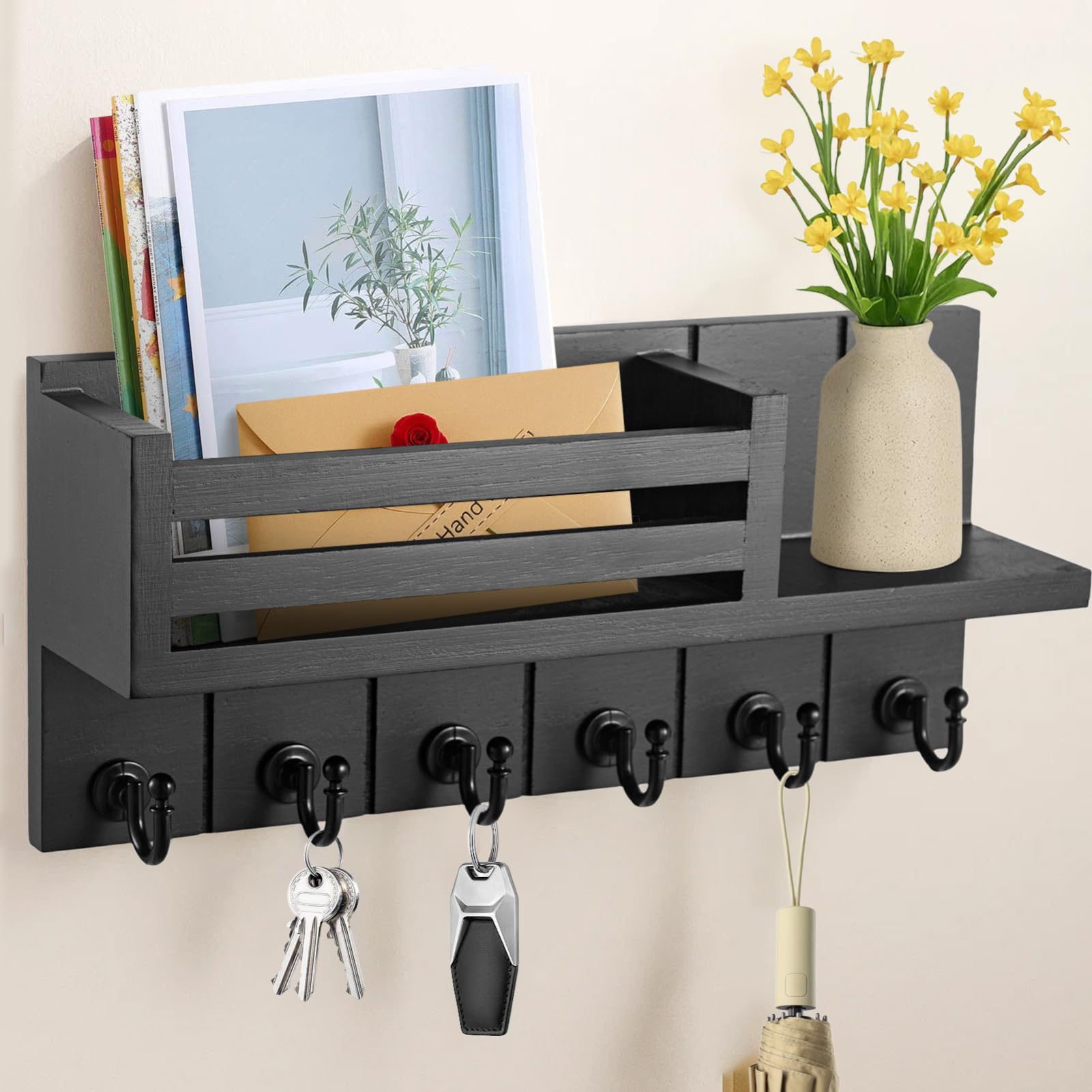 BREEZENEST Wooden Key Holder for Wall with 6 Hooks & Mail Shelf Wall Mounted Entryway Organizer with Self Adhesive or Screw Installation Key Rack for Keys Sunglasses Mail Letters for Hallway (Black)