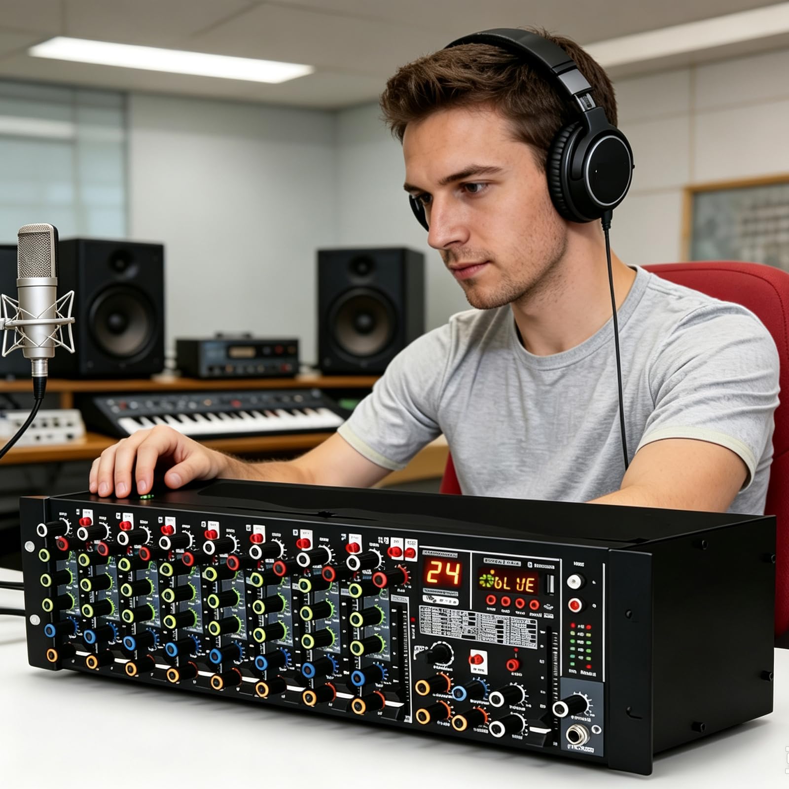 Mezclador De Audio De 9 Canales Para Montaje En Rack, Mezclador De Audio Con Pantallas Lcd Duales, 24 Tipos De Efectos De Reverberación, Compatible Con Reproducción Directa Usb/mp3/bluetooth
