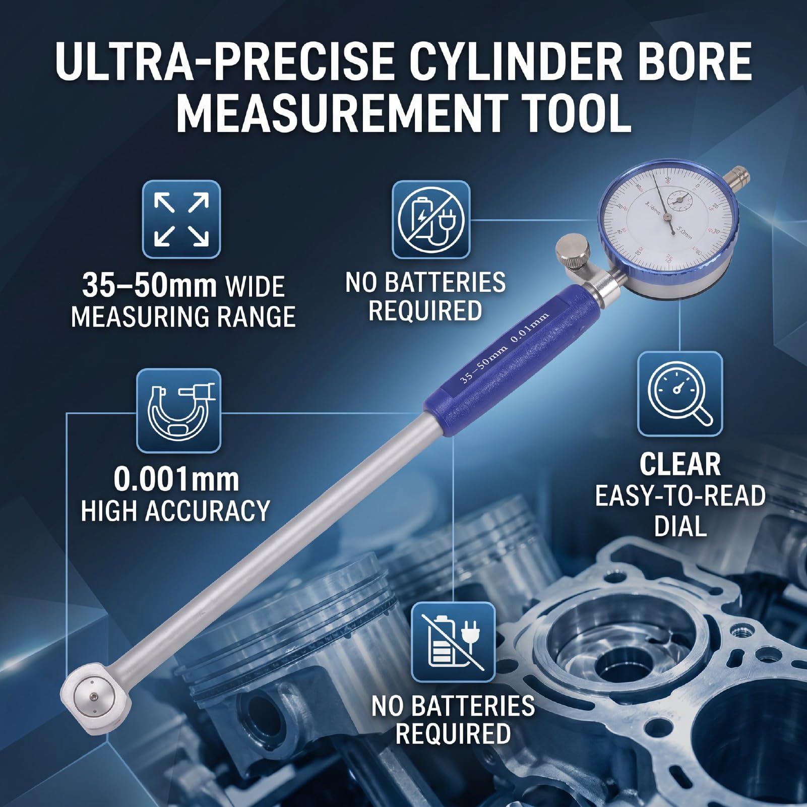 Fafeicy Calibro del Quadrante 35-50 Mm Precisione 0,001 Mm | Valore di divisione da 0,01 mm, strumento di misurazione del foro del cilindro con feedback a tre punti per la