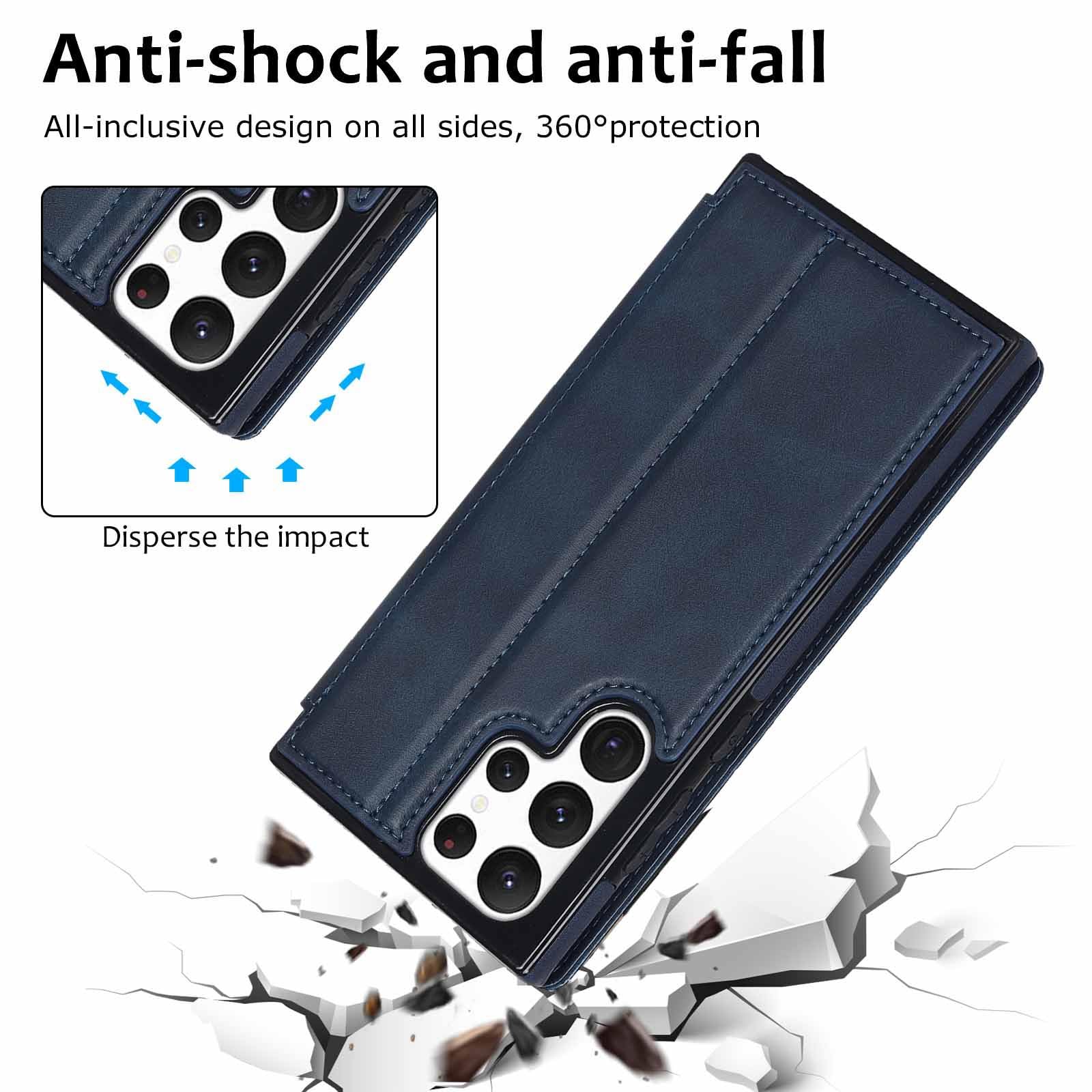 Składane etui do Samsung Galaxy S23 Ultra/S23 Plus/S23, ultracienkie, biznesowe skórzane etui z podstawką, miękkie, odporne na zarysowania i przegródki na karty, etui na telefon komórkowy, niebieskie,