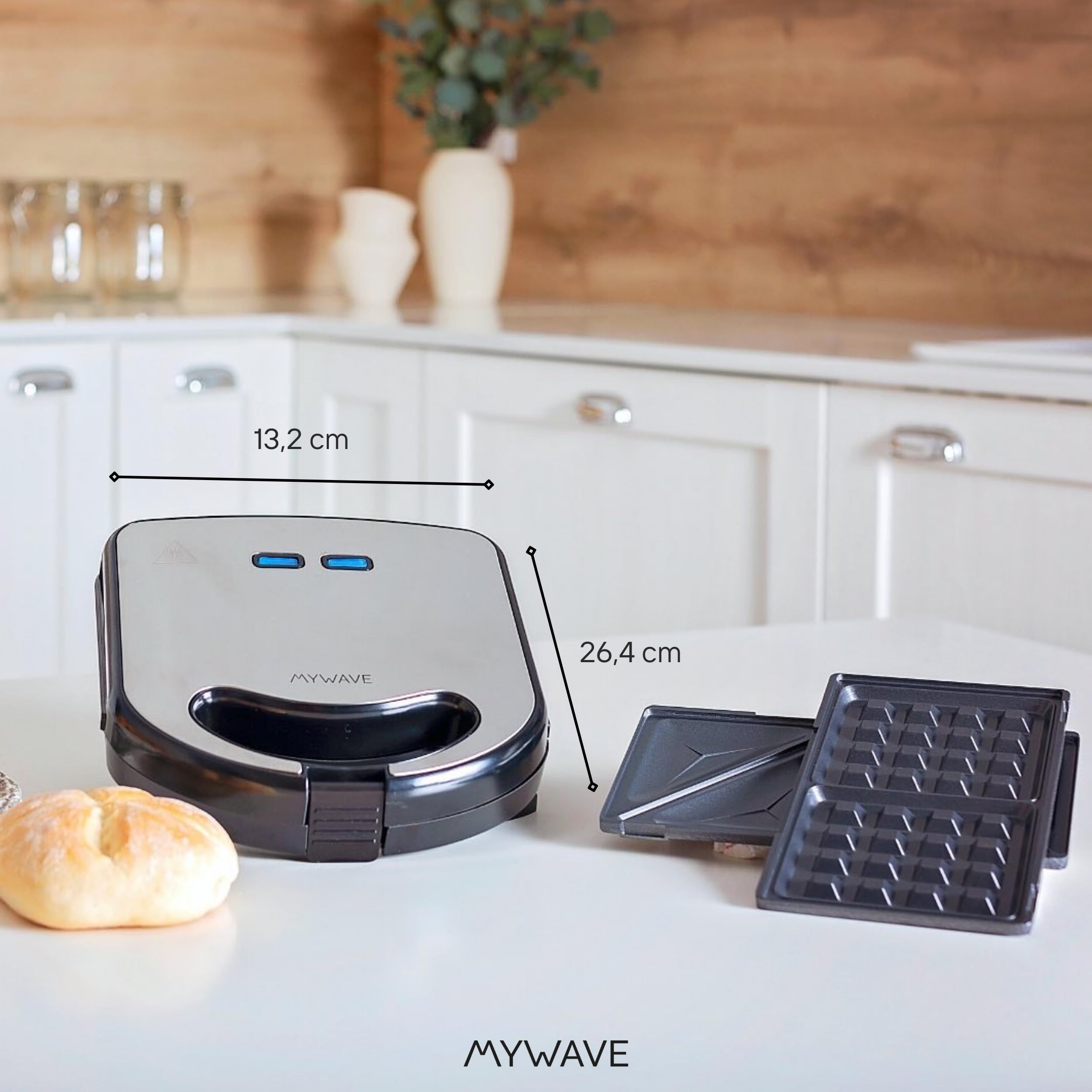 MY WAVE - Sandwichera 2 en 1 - Grill y Gofres - Placas Intercambiables - Acabado Crujiente y Delicioso - Grill y Plancha Desmontable Antiadherente