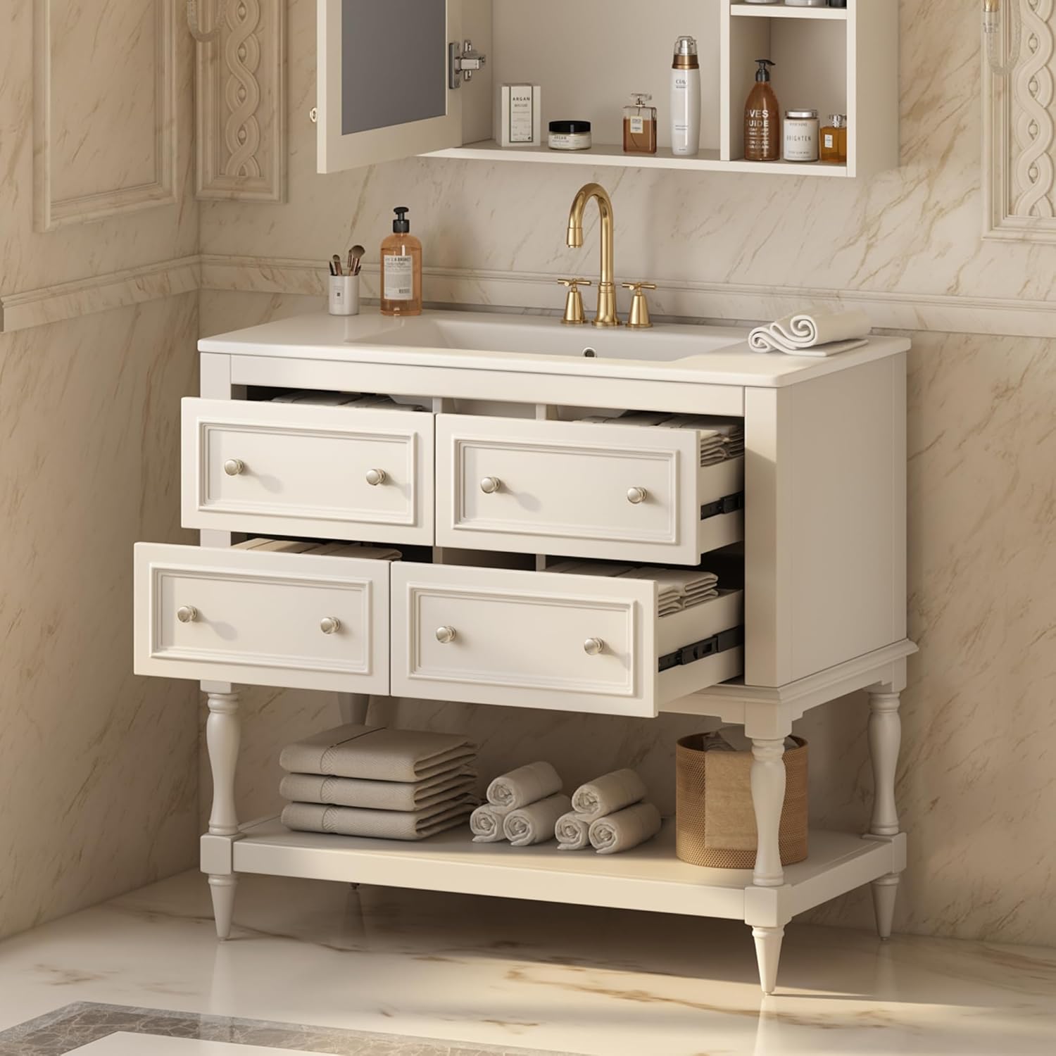 RUNNA 36" Bathroom Vanity Cabinet with Sink Combo Set,Undermount Ceramic Sink, Free Standing Vanity Set with 4 Drawers, Solid Wood Frame Bathroom Cabinet (Beige@54)