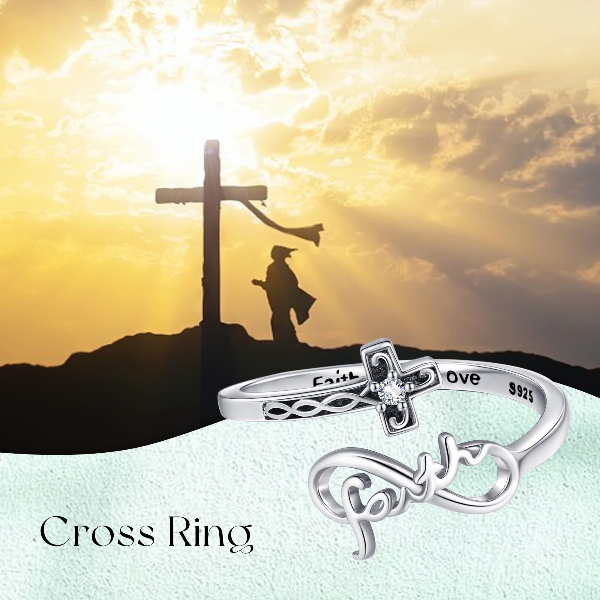 JERWLI Anello a croce da donna, in argento Sterling 925, fede, anelli cristiani, speranza, anello regolabile, regalo per donne e amici