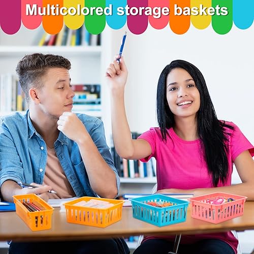Miniatura 4 de 24 cestas pequeñas de plástico coloridas para el aula, 12 unidades de 10 x 3 x 2.5 pulgadas, bandeja pequeña para lápices, 12 bandejas organizadoras
