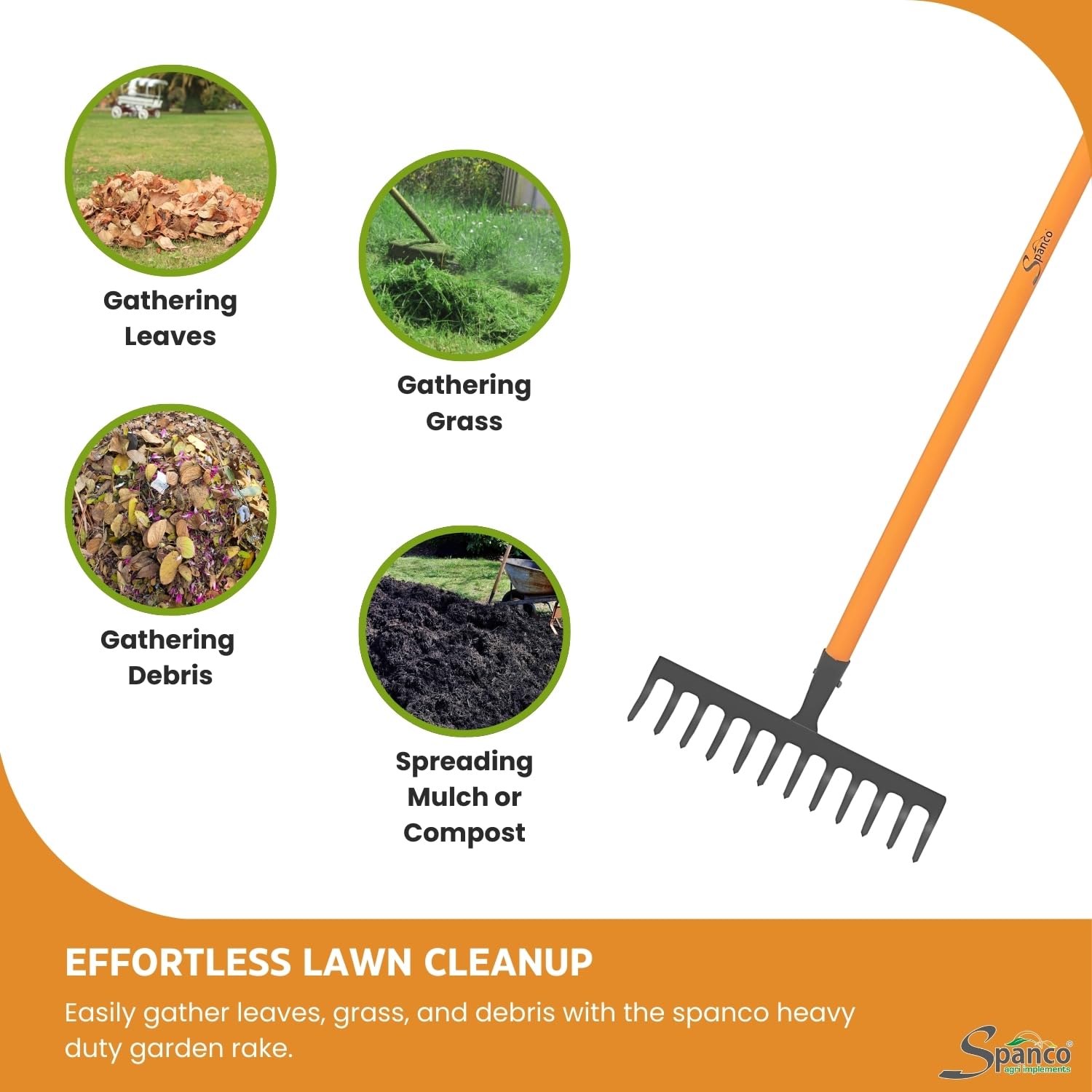 Spanco Heavy Duty Garden Rake (12 Teeth) Adjustable with Long Handle for Quick Clean Lawn, Garden Leaf and Garbage Hand Cultivator - Image 2 thumbnail
