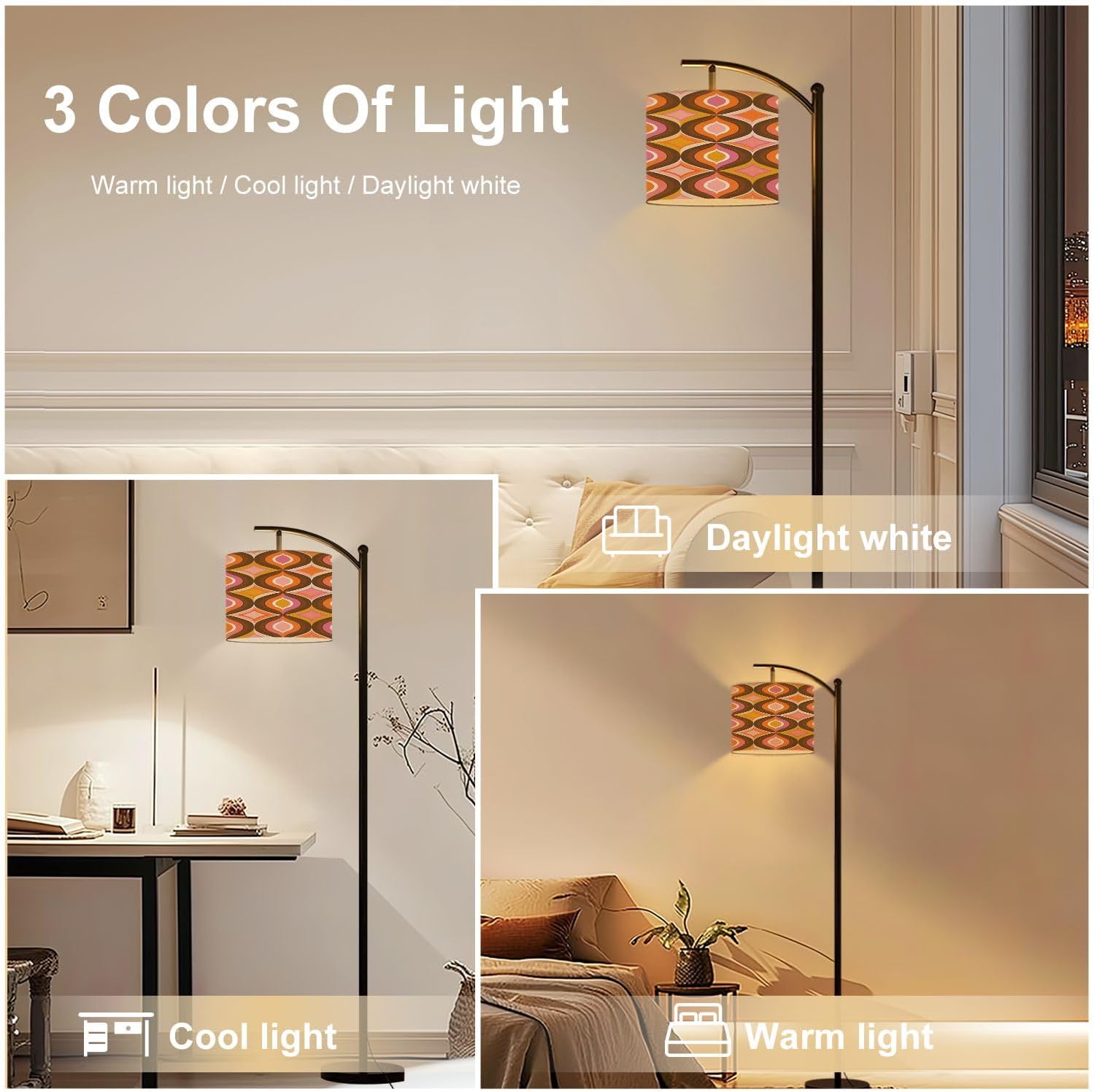 Arc Floor Lamp 70s Retro Seamless Pattern Orange Brown Pink Beige 60s 70s Retro style Tall Standing Lamp Modern Dimmable with Remote Adjustable Drum Shade Footswitch for Living Room Bedroom Office