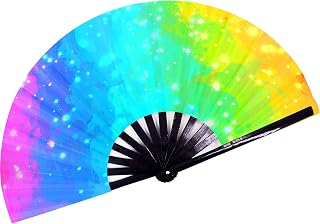 Rainbow Fan - Pride Fan and Rave Fan - Large Folding Fan for Raves, Halloween, Burlesque, Drag Queen, Festival & Pride Outfits for Women & Festival Accessories - Clack Fan Hand Fan (Rainbow Paint)