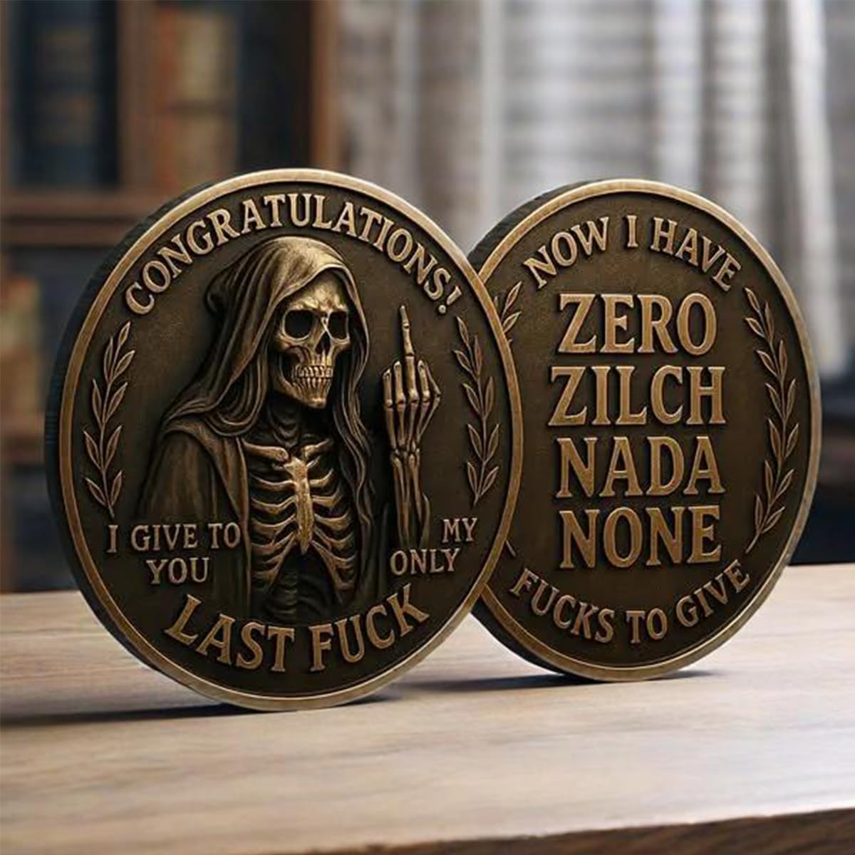 Last F*ck to Give Challenge Coin,Double Sided Middle Finger Coin (5PCS) | Skull Design, Sarcastic Decision Coin, Gag Gift for Friends, Office Humor Token for Men and Women