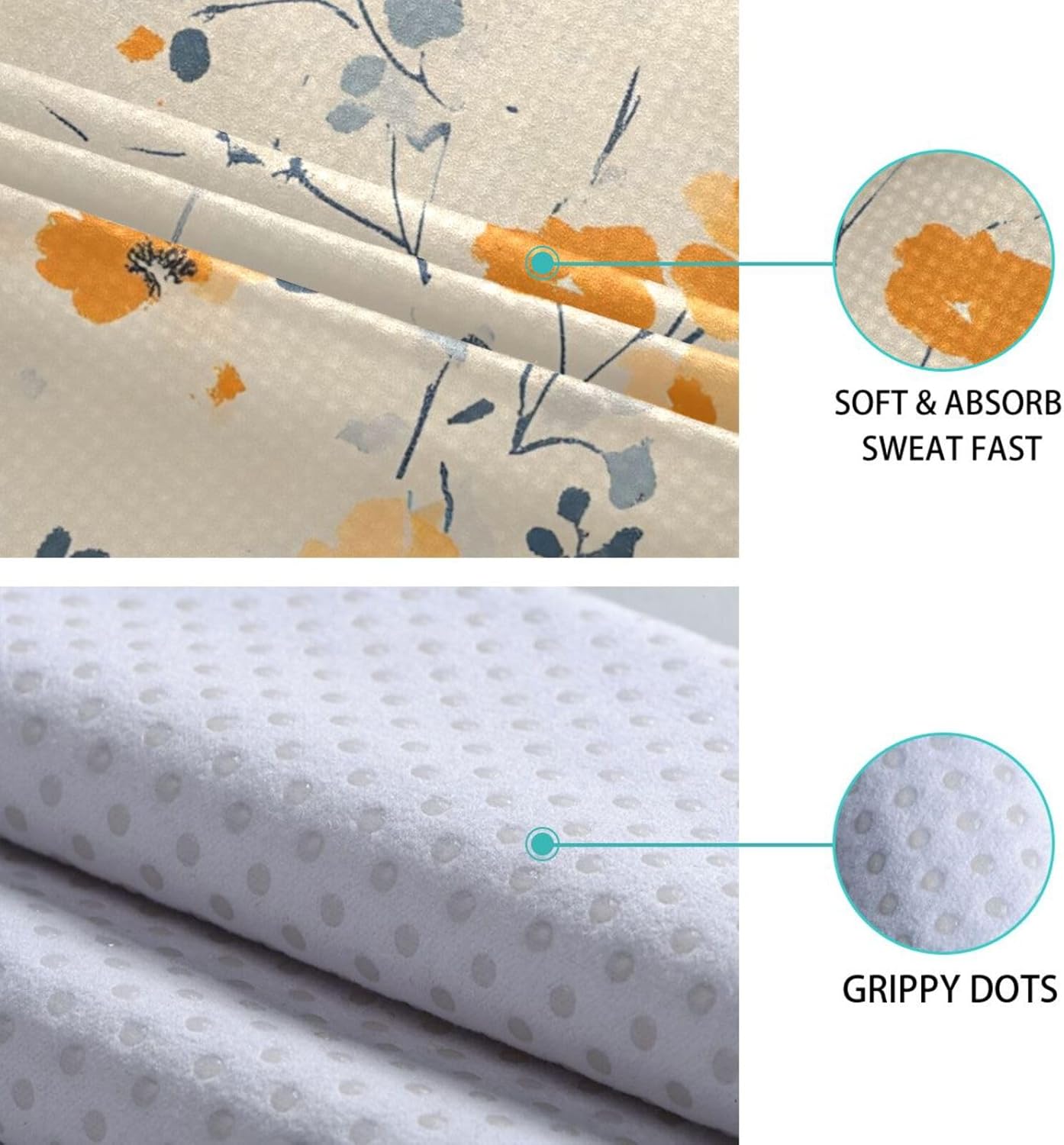 Beautiful Floral Beige Yoga Mat Towel with Silicone Grip Dot – 73"x27" Non-Slip Sweat Absorbent Microfiber Yoga Towel for Home Gym Studio