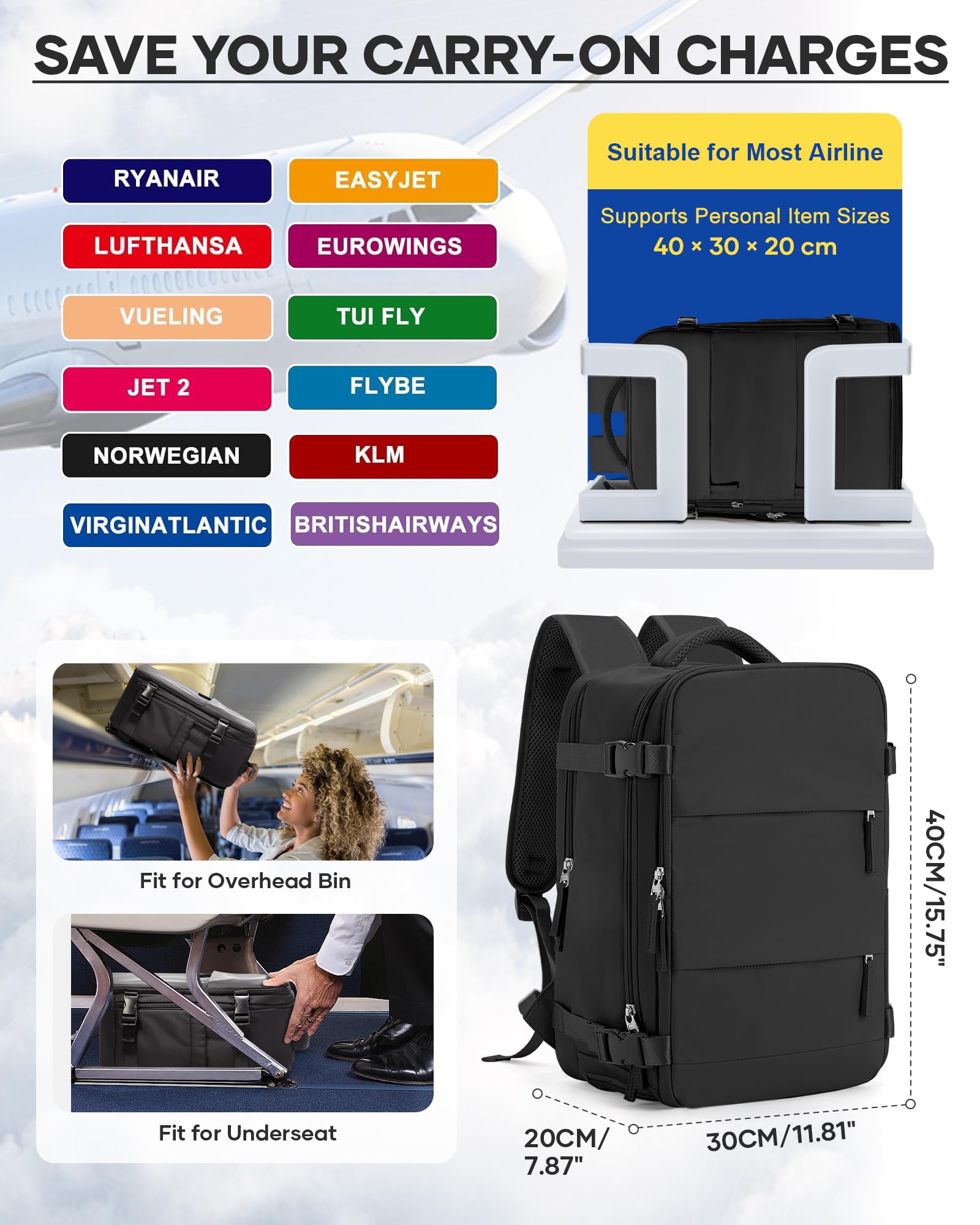 Vakuum Handgepäck Rucksack mit Pumpe 40x30x20 für Ryanair Reiserucksack Easyjet Unter Dem Sitz Flugzeug Handgepäck Weekendertasche Wanderrucksack Lässiger Tagesrucksack,A01-Schwarz