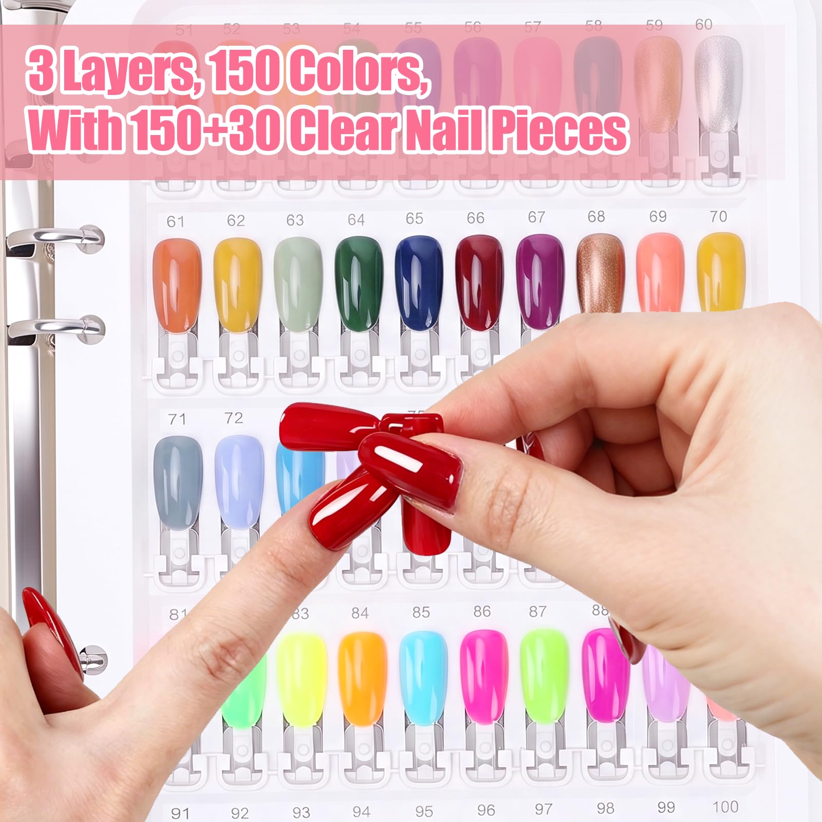 Nagelfarben-Präsentationsbuch mit 150 transparenten Nagelspitzen, Premium-Nagellack-Probebuch für Salon und Profis, verstellbare Nagelfarbtafel, tragbarer Gel-Nagellack-Proben-Organizer mit Zahlenstab